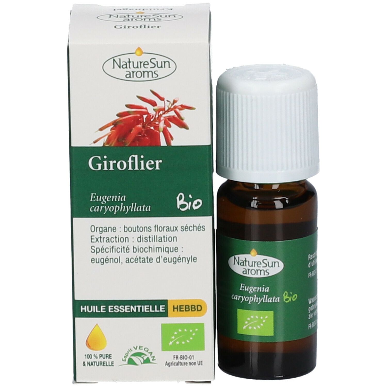 Flacon en verre brun avec bouchon blanc et emballage. Emballage avec texte: Giroflier, Eugenia caryophyllata Bio.