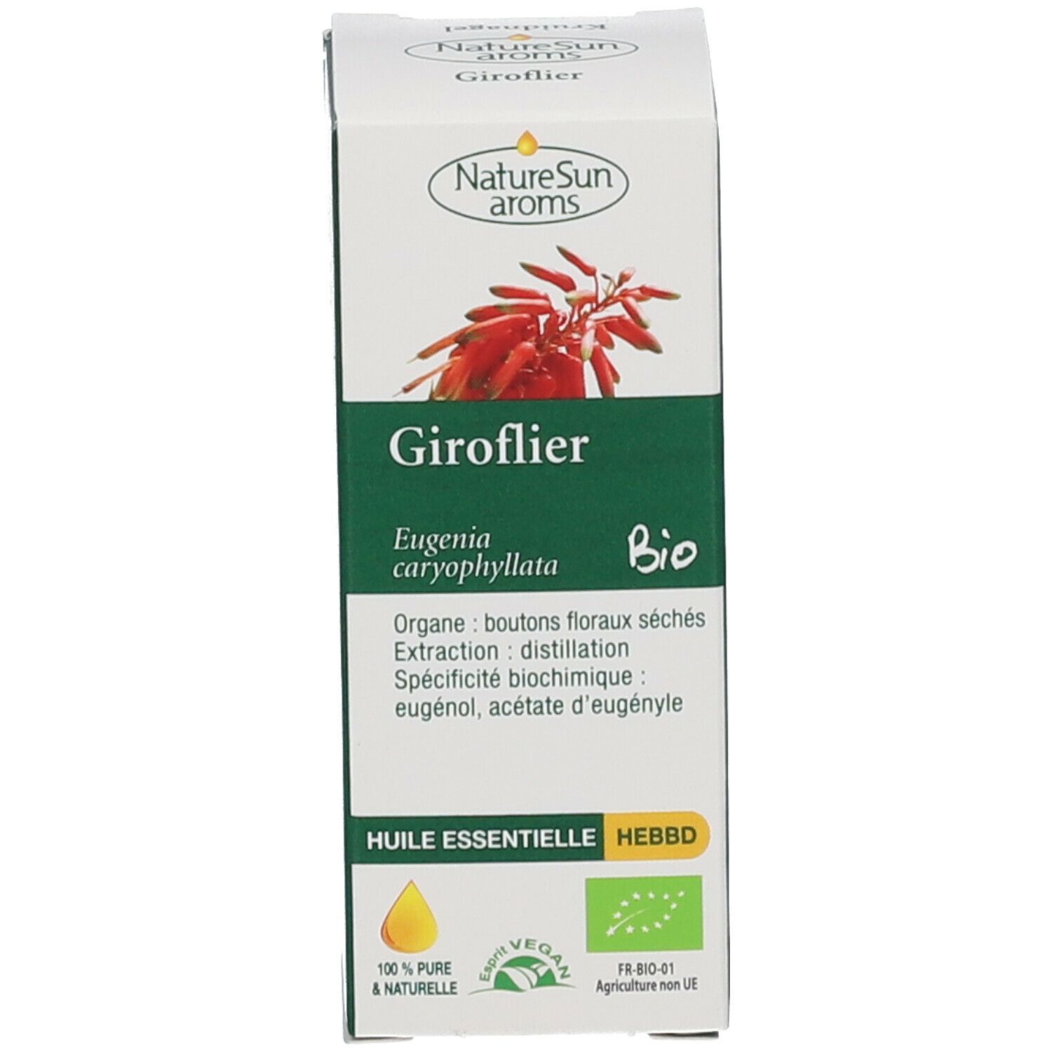 Emballage blanc avec texte: Giroflier, Eugenia caryophyllata Bio, et illustration de fleurs rouges.