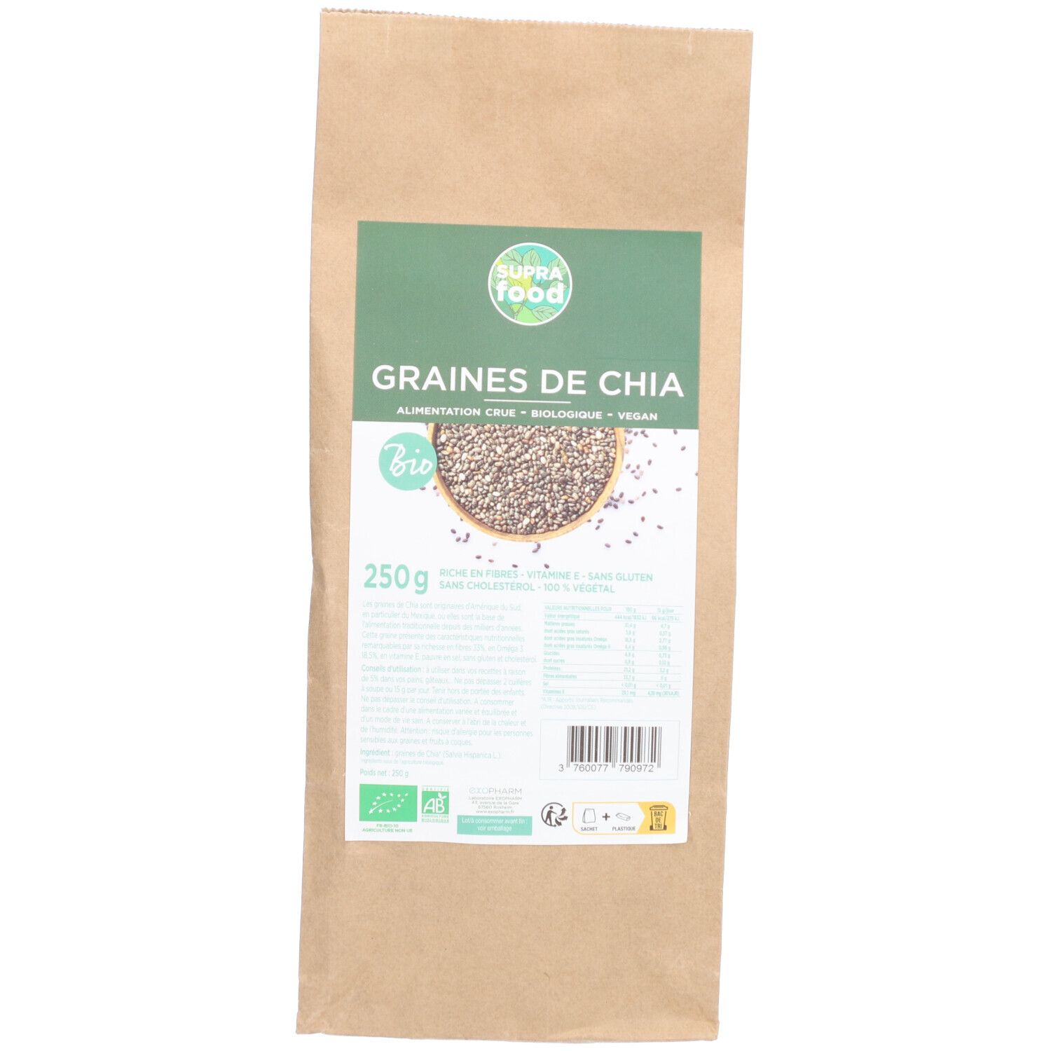 Sachet en papier contenant des graines de chia. Étiquette verte et blanche avec nom et logo bio. Paquet de 250g.