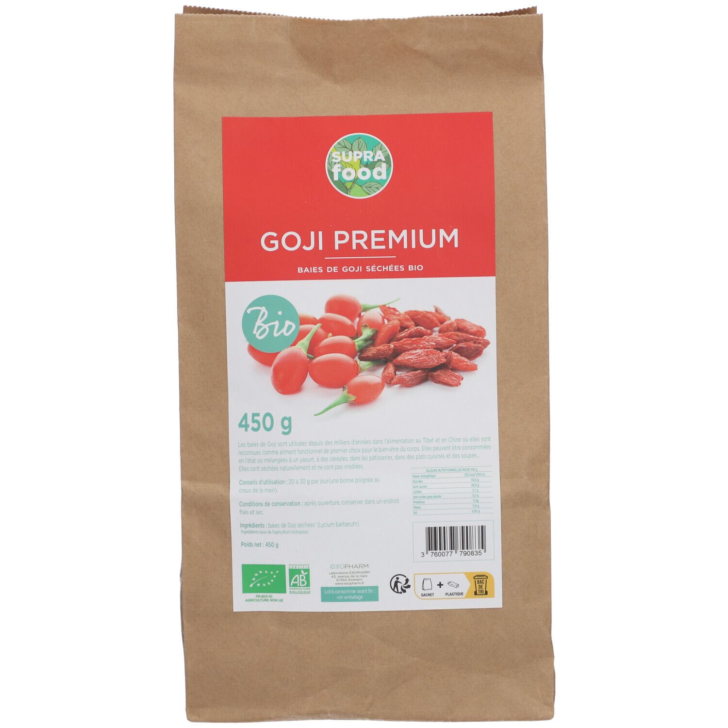 Sac en papier brun avec étiquette rouge. Inscription : GOJI PREMIUM, certification bio, illustration de baies de goji. 450 g.