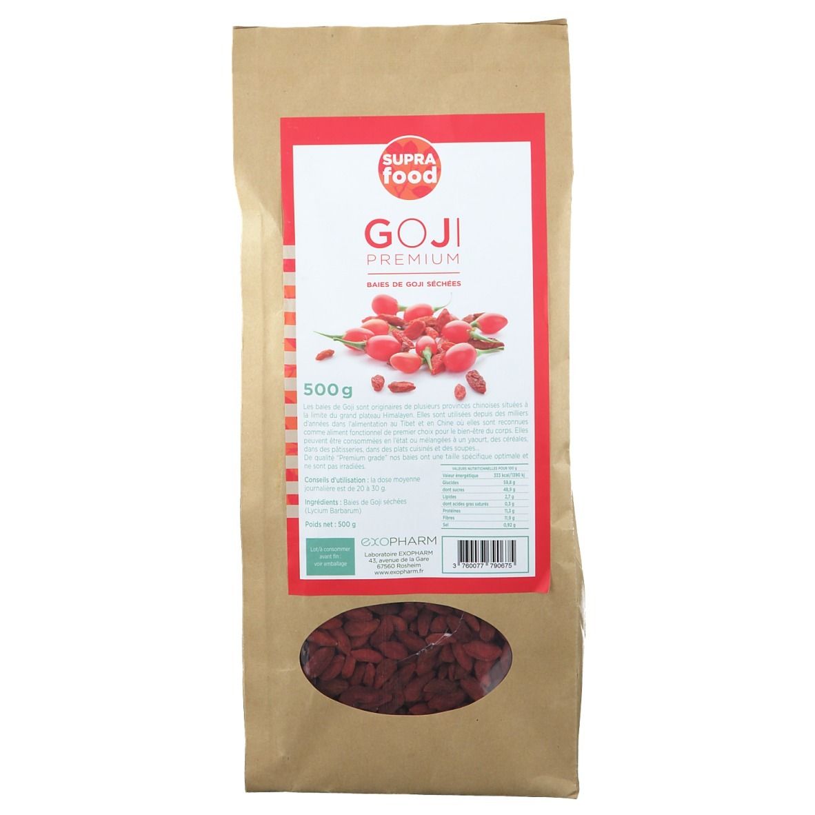 Beutel mit getrockneten Goji-Beeren. Rotes Etikett mit Produktname, Marke und Nährwertangaben. 500g.