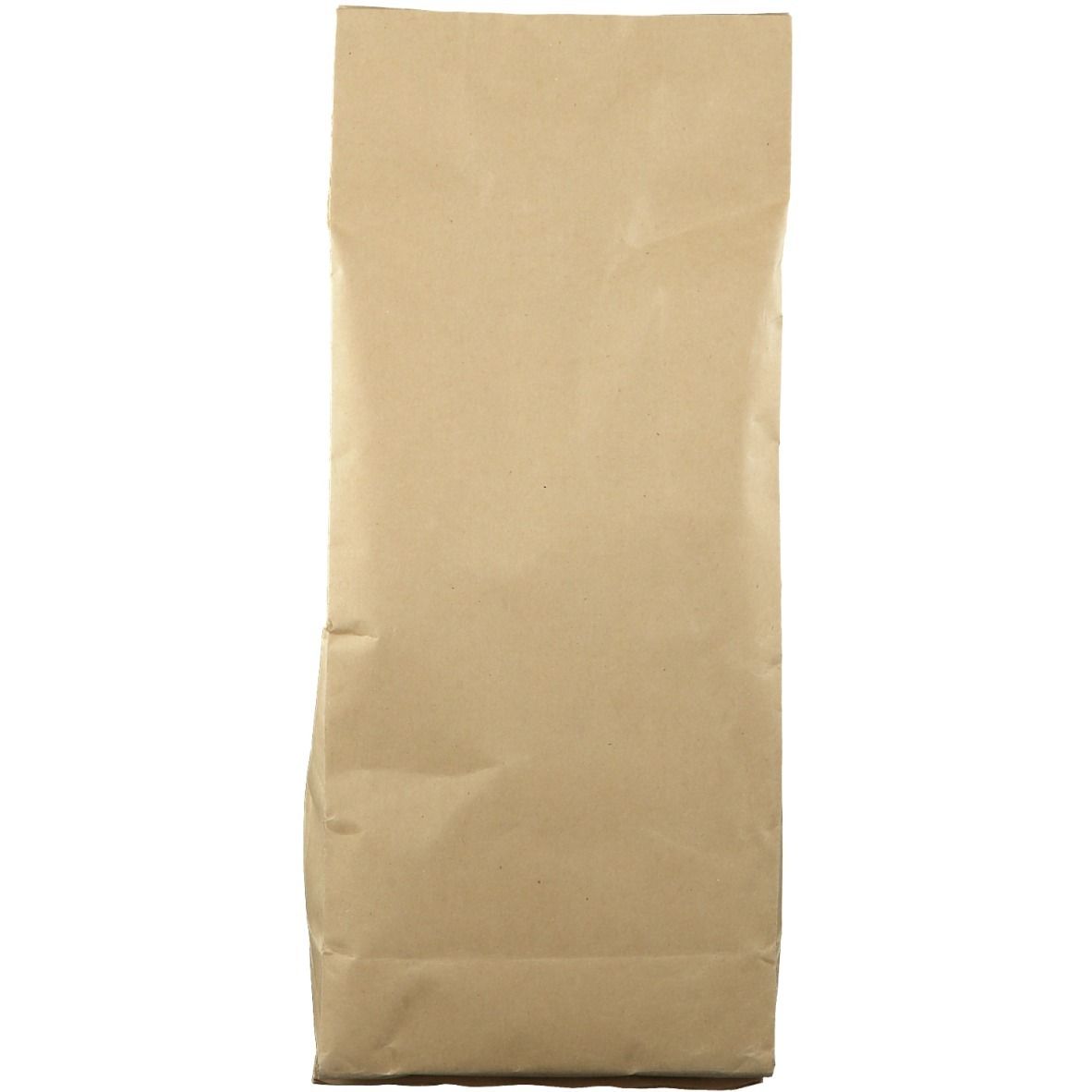 Brauner Papierbeutel, leer. Vorderseite mit Falten. Keine sichtbaren Produktinformationen.
