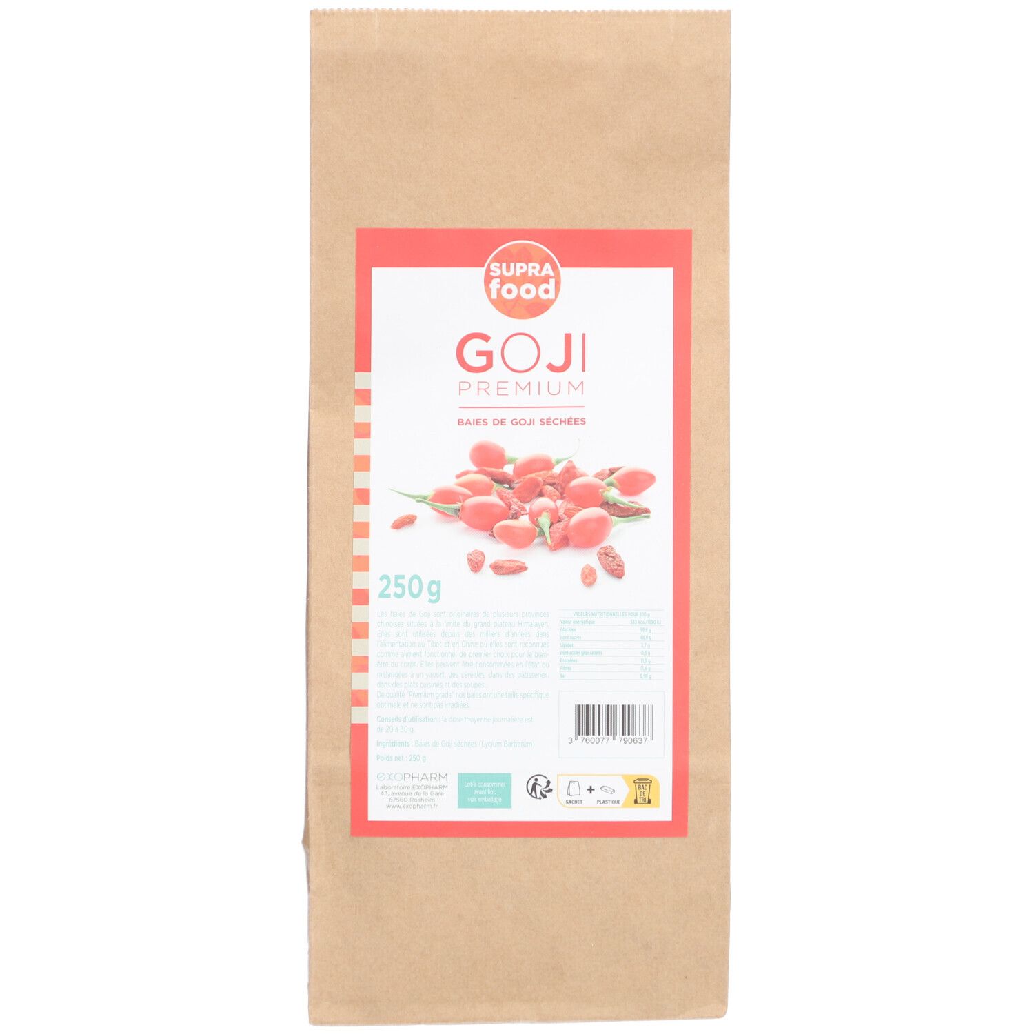 Sachet de baies de goji. Impression rouge avec nom et illustration. Indication 250g.