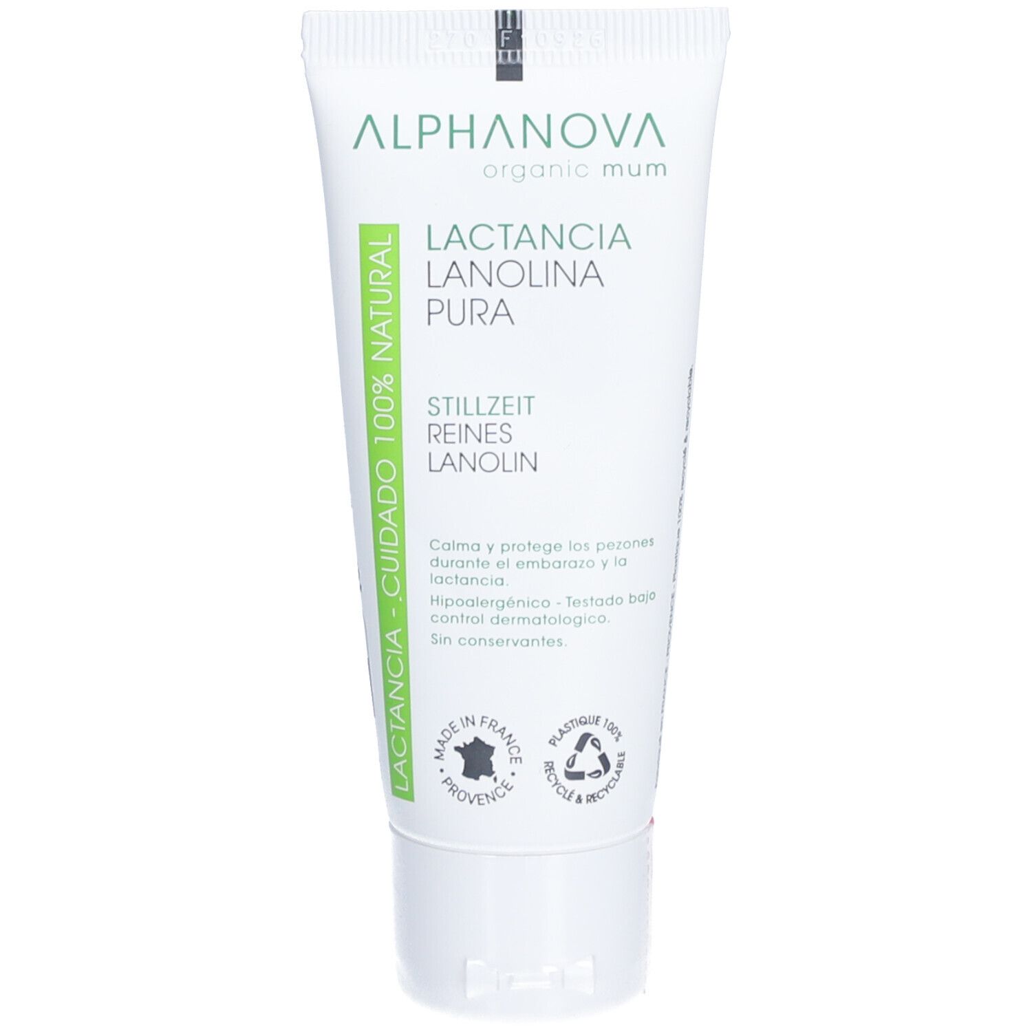 Tube de crème avec étiquette verte. Texte: Lactancia, Lanolina Pura, Allaitement, Lanolin Pure. Marque: Alphanova organic mum.