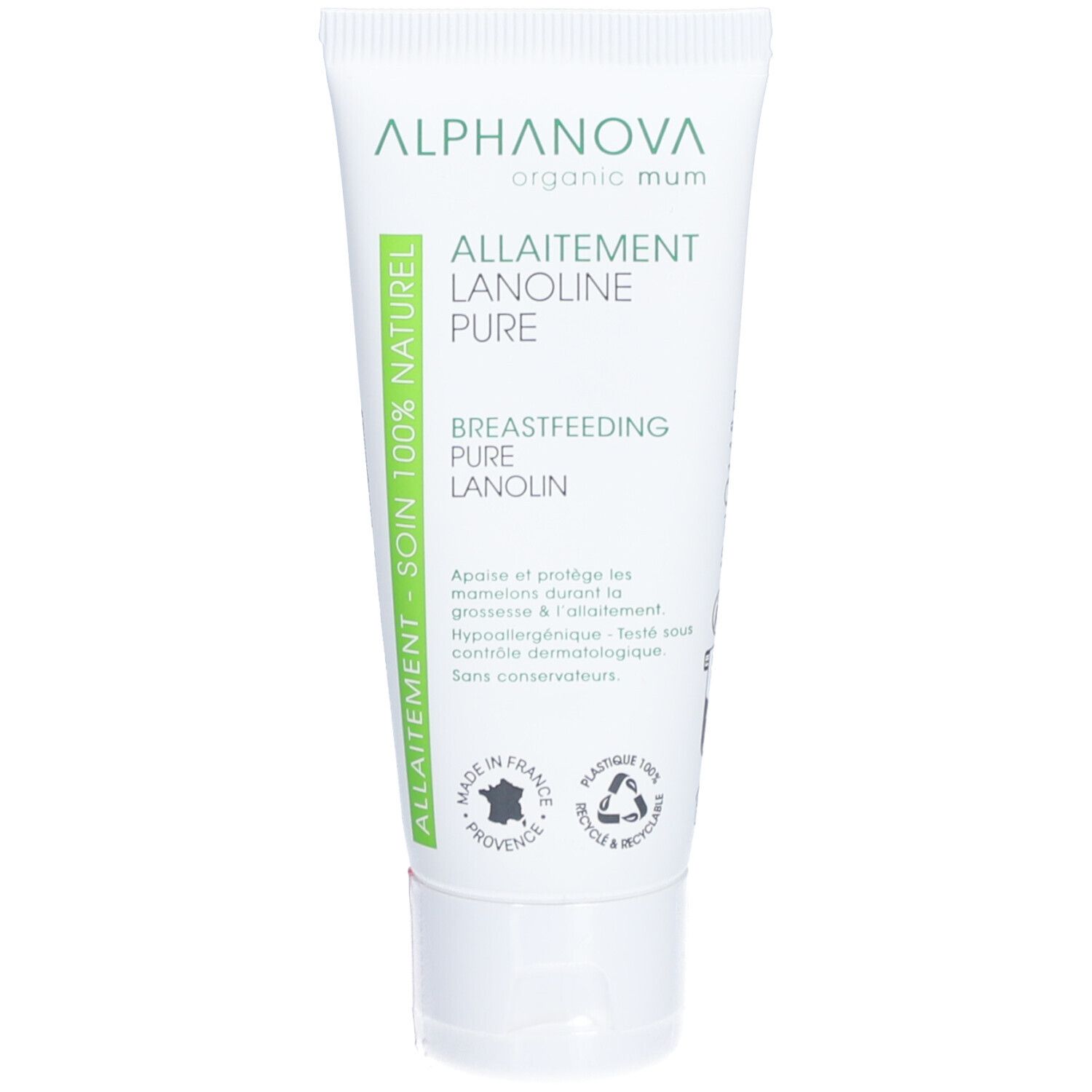 Tube de crème avec étiquette verte. Texte: Allaitement, Lanolin Pure, Breastfeeding, Pure Lanolin. Marque: Alphanova organic mum.
