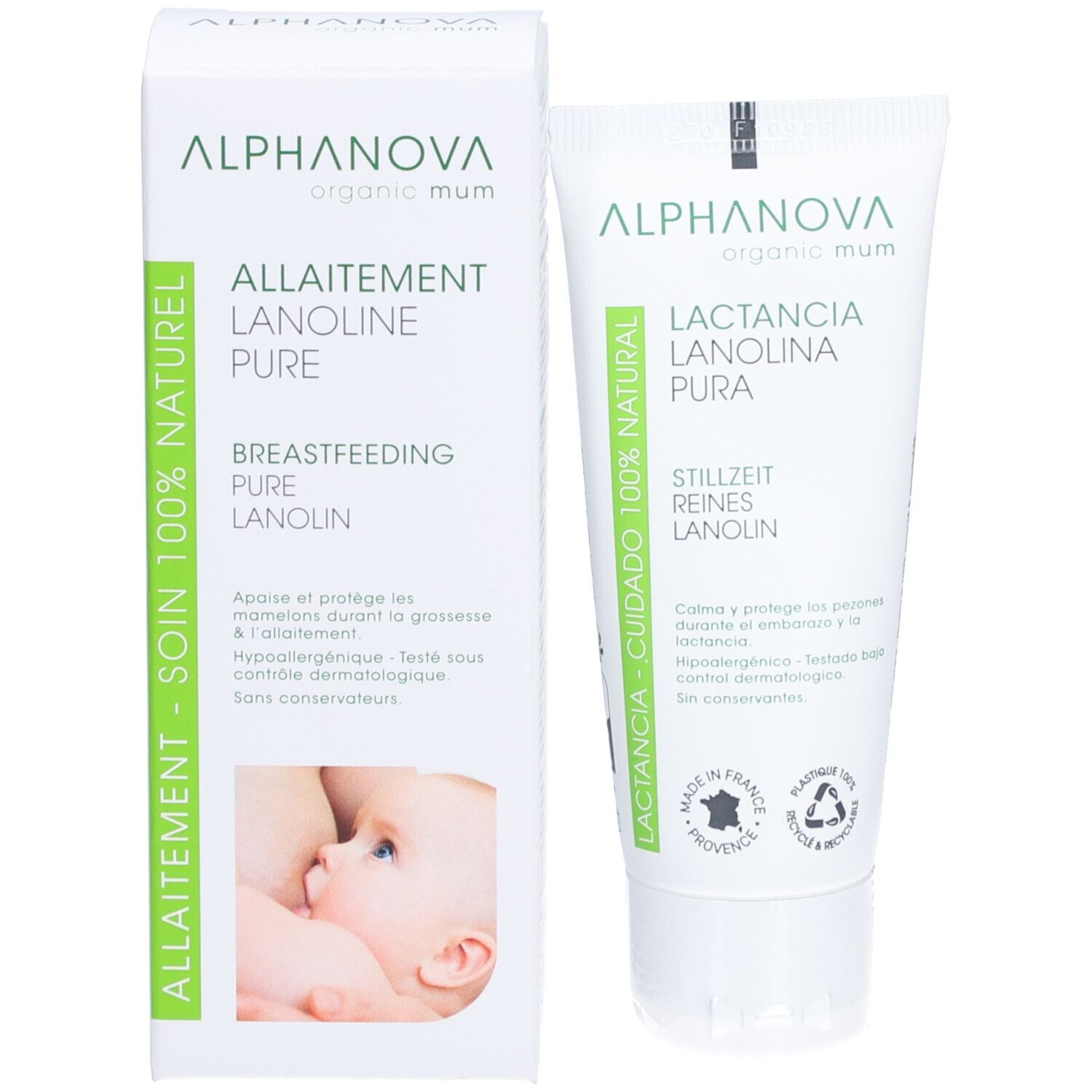 Emballage produit avec tube. Texte: Allaitement, Lanolin Pure, Breastfeeding, Pure Lanolin. Marque: Alphanova organic mum. Image: mère allaitant.