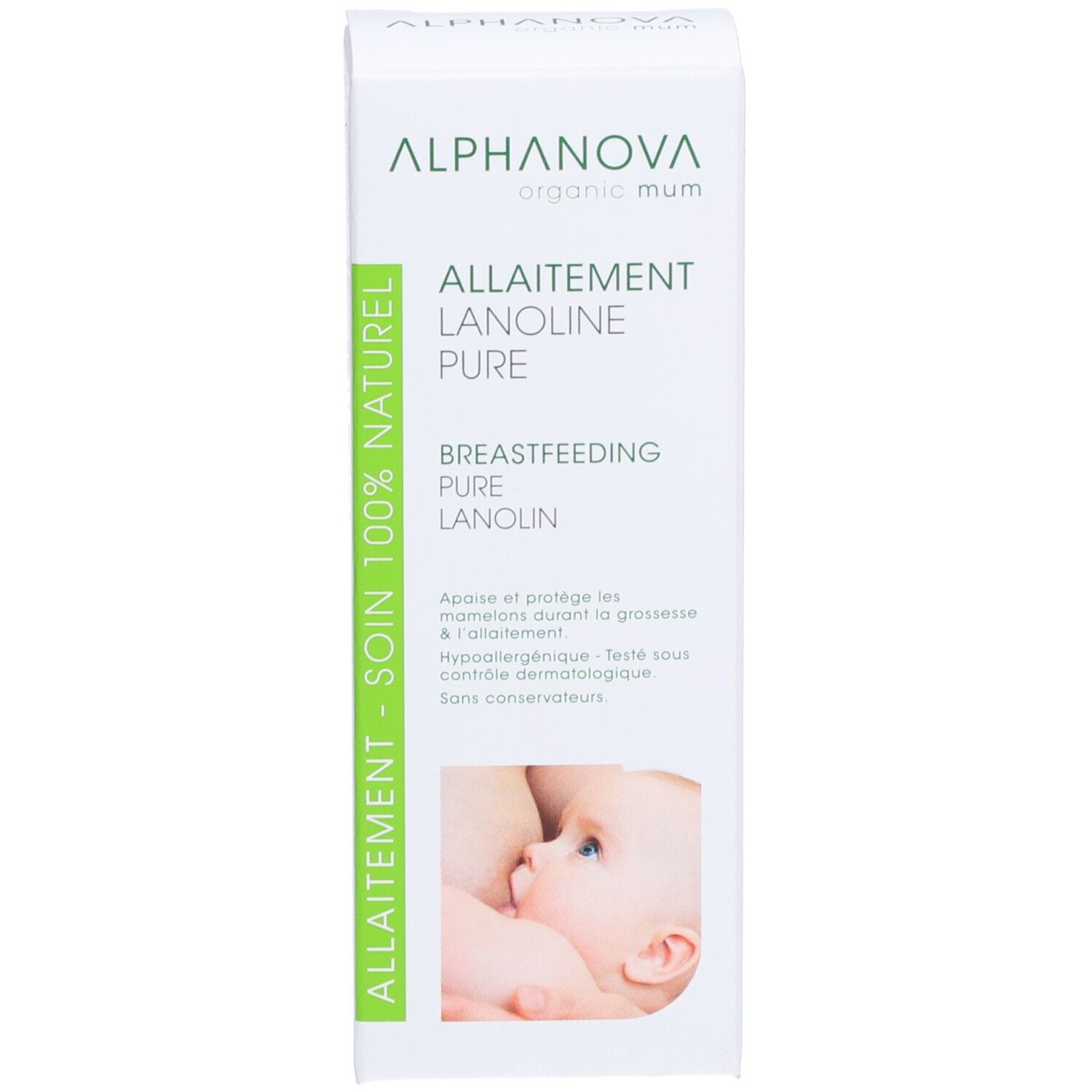 Emballage produit. Texte: Allaitement, Lanolin Pure, Breastfeeding, Pure Lanolin. Marque: Alphanova organic mum. Image: mère allaitant.