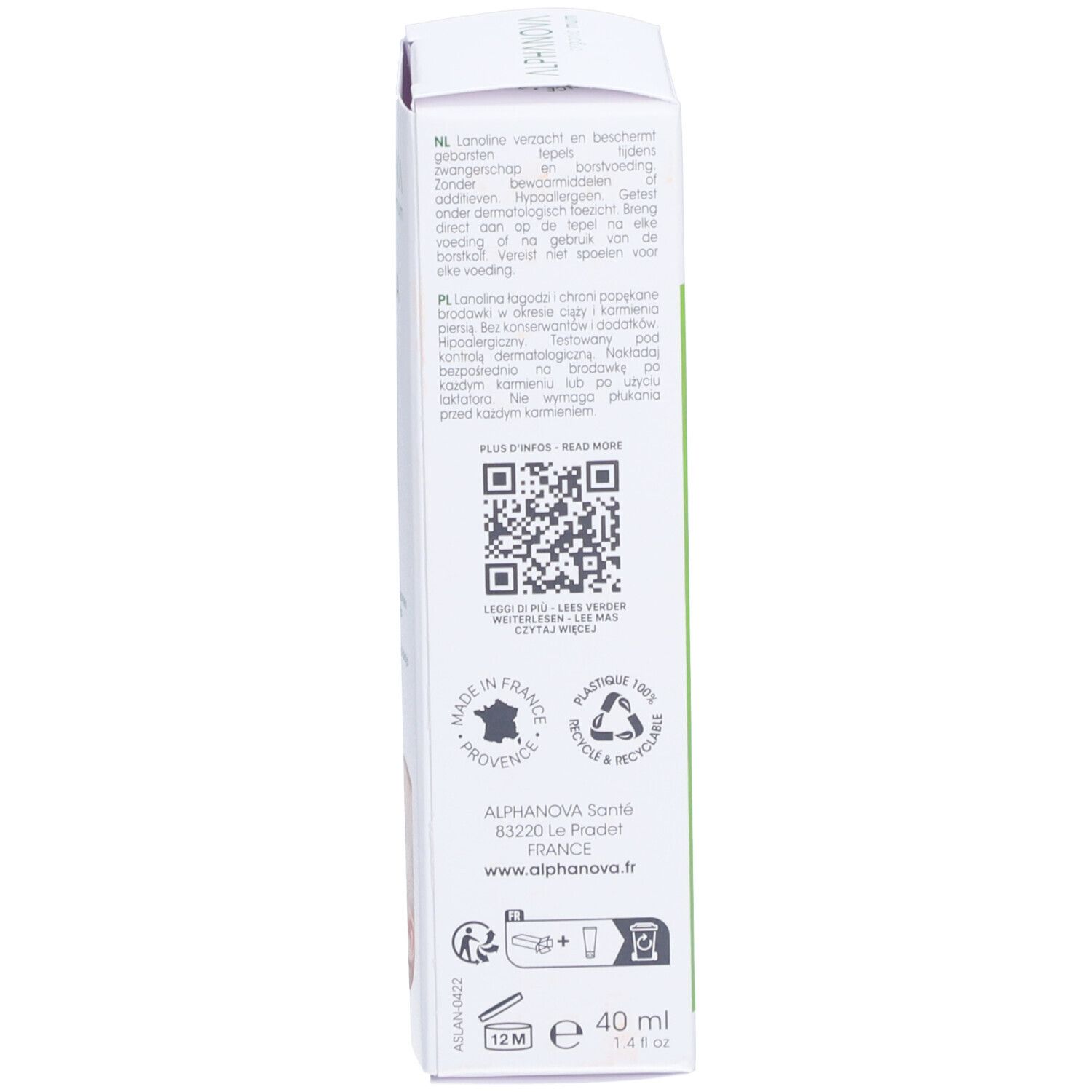 Dos de l'emballage. Texte: Mode d'emploi, ingrédients, adresse du fabricant, code QR. Volume: 40 ml. Logo de recyclage.