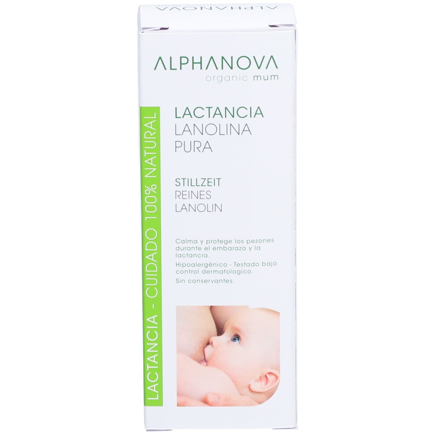 Emballage produit. Texte: Lactancia, Lanolina Pura, Allaitement, Lanolin Pure. Marque: Alphanova organic mum. Image: mère allaitant.