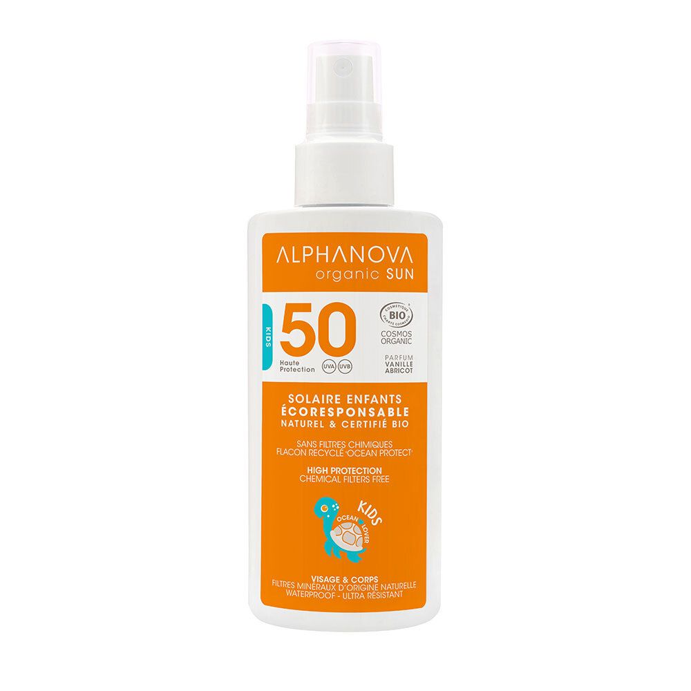 Spray solaire pour enfants. Flacon orange et blanc avec vaporisateur. SPF 50, certification bio. Texte: 'Solaire Enfants Écoresponsable'.