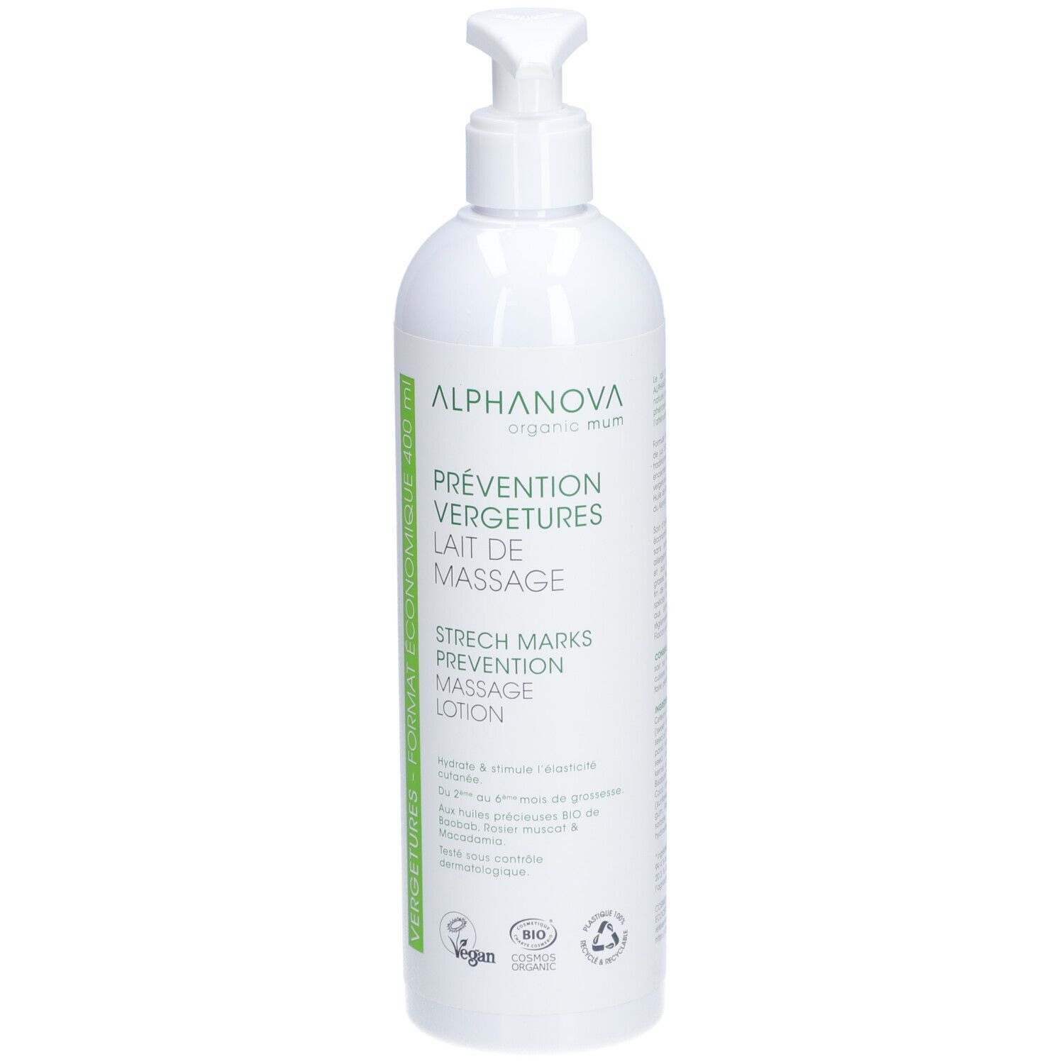 Flacon blanc avec pompe. Inscriptions: ALPHANOVA organic mum, Prévention Vergetures, Lait de Massage, Stretch Marks Prevention Massage Lotion. Logo Vegan.
