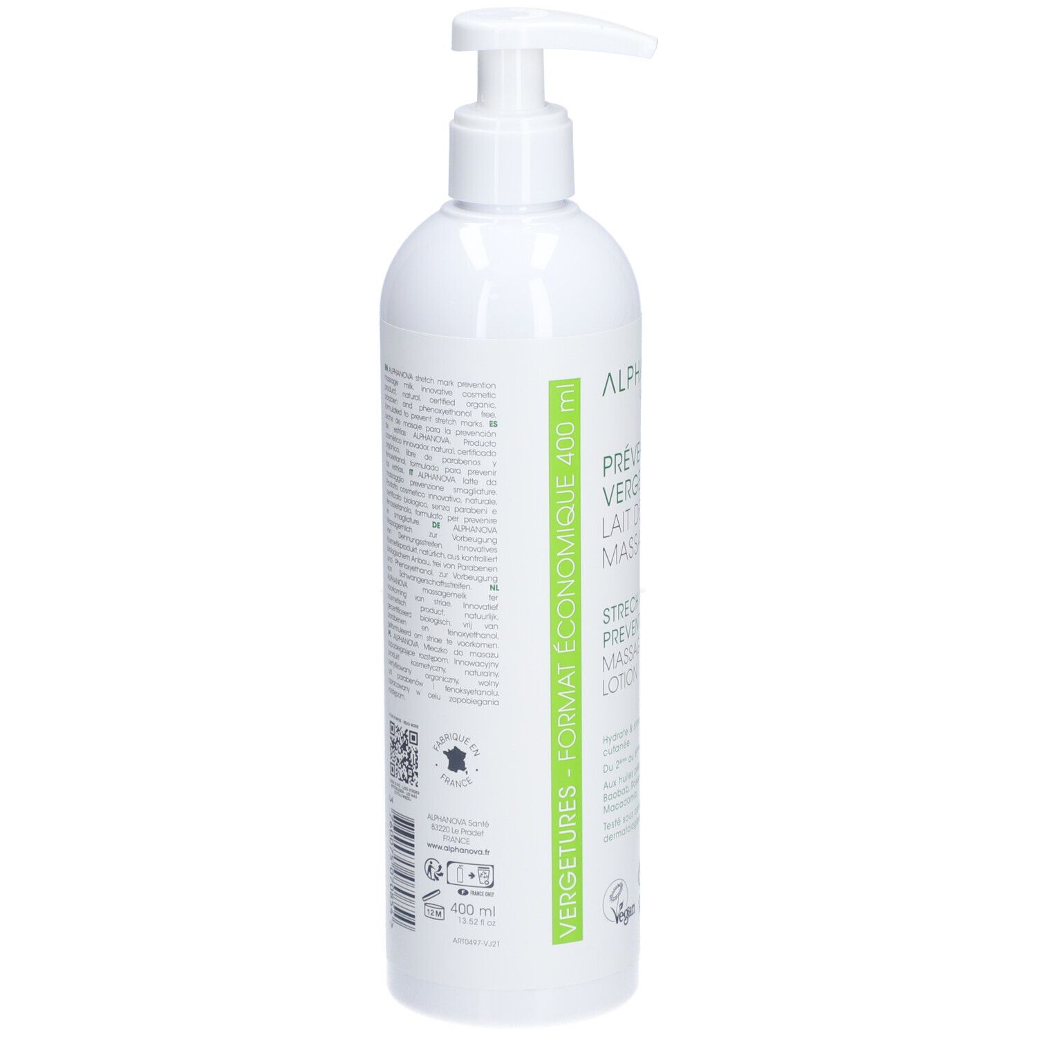Flacon blanc avec pompe. Verso avec texte et logos. Inscription: Vergetures - Format économique 400 ml. Code QR et symbole de recyclage.