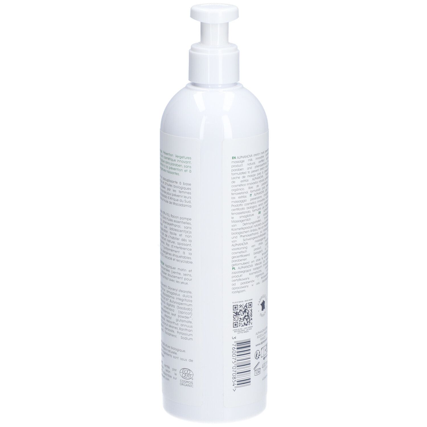Flacon blanc avec pompe. Verso avec texte et logos. Code QR et symbole de recyclage. Certification biologique.