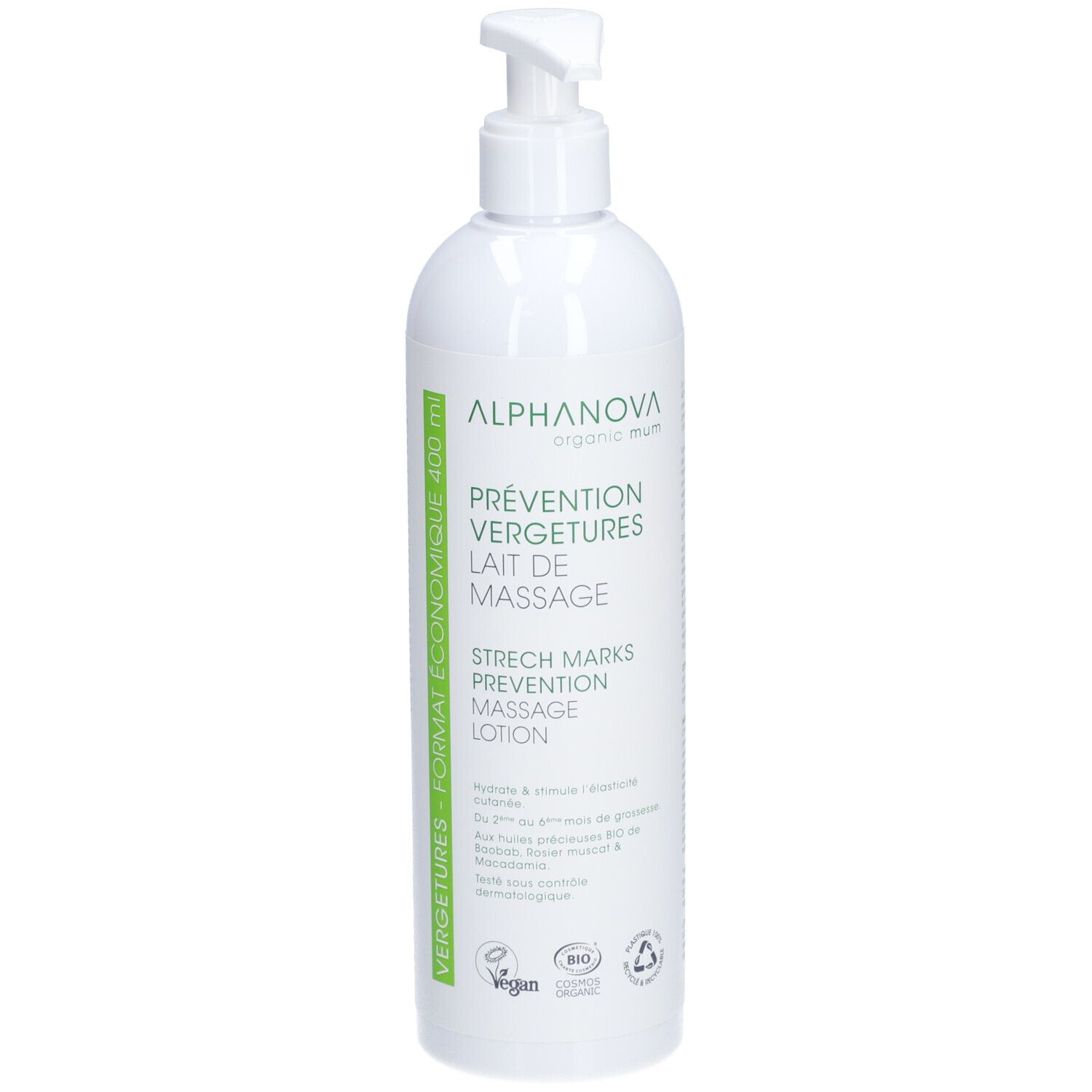 Flacon blanc avec pompe. Inscriptions: ALPHANOVA organic mum, Prévention Vergetures, Lait de Massage, Stretch Marks Prevention Massage Lotion. Logo Vegan.