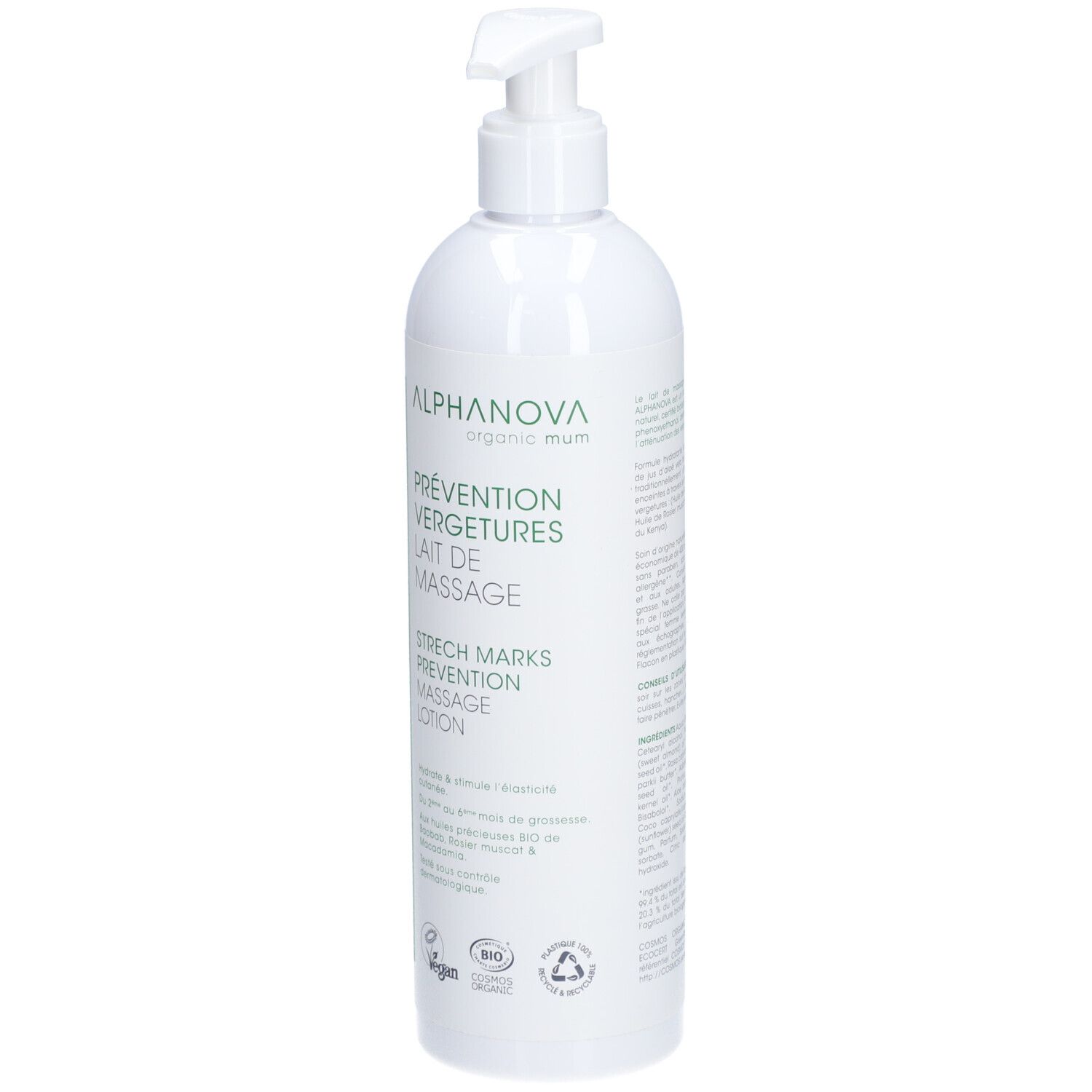 Flacon blanc avec pompe. Inscriptions: ALPHANOVA organic mum, Prévention Vergetures, Lait de Massage, Stretch Marks Prevention Massage Lotion. Logo Vegan.