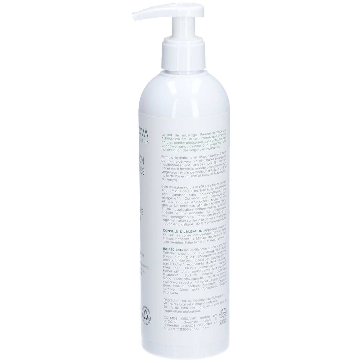 Flacon blanc avec pompe. Verso avec texte et logos. Certification biologique. Ingrédients et instructions d'utilisation.