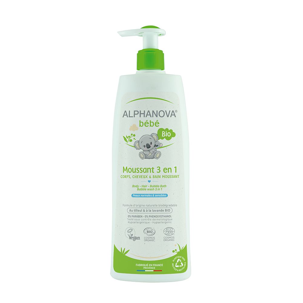 Flacon blanc avec pompe verte. Inscription ALPHANOVA bébé, certification Bio, produit 3 en 1.