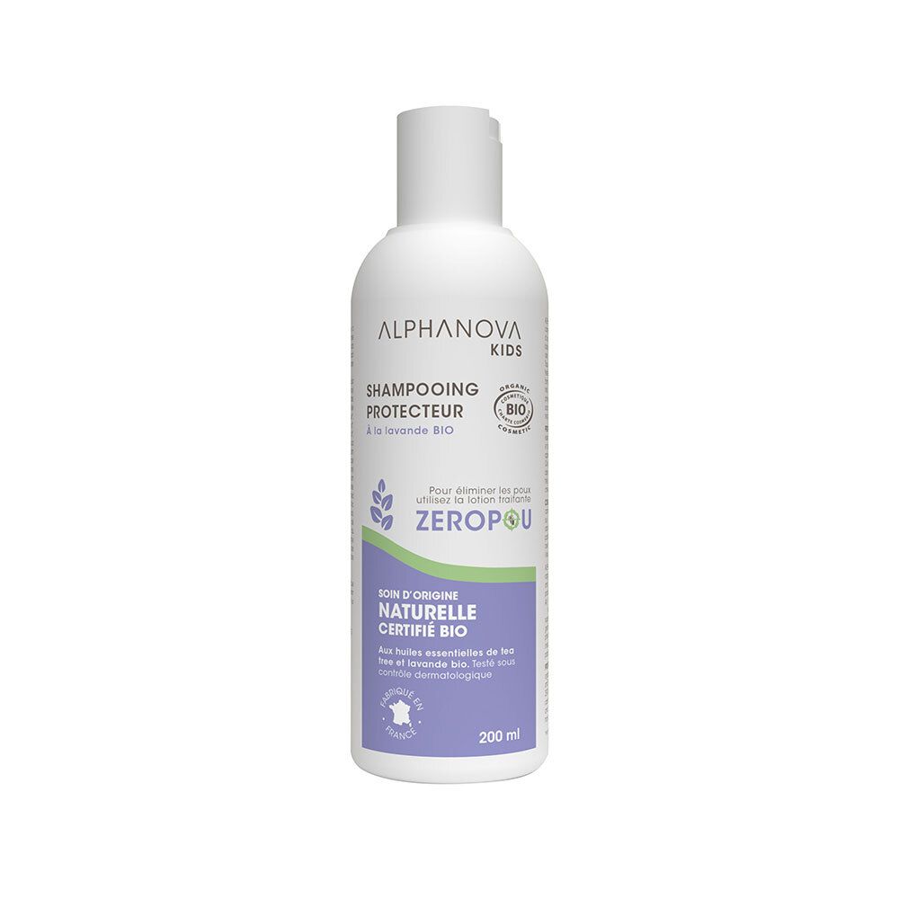Weiße Flasche mit Shampoo. Aufschrift: ALPHANOVA KIDS, Shampoo Protecteur à la lavande BIO. BIO-Zertifizierung.