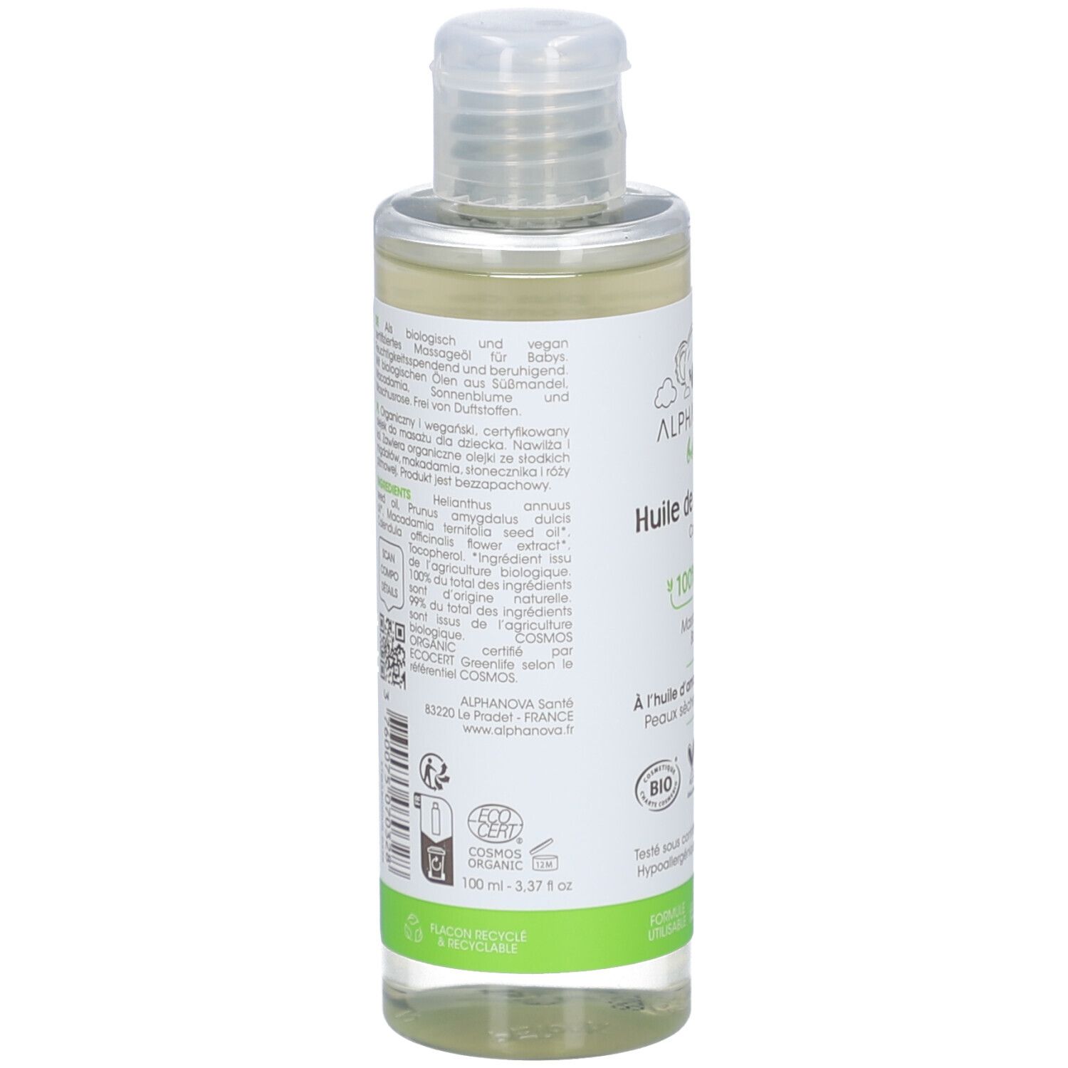 Rückansicht der Alphanova Baby Massageöl-Flasche. Etikett mit Inhaltsstoffen, QR-Code, Bio-Siegel und Herstellerinformationen.