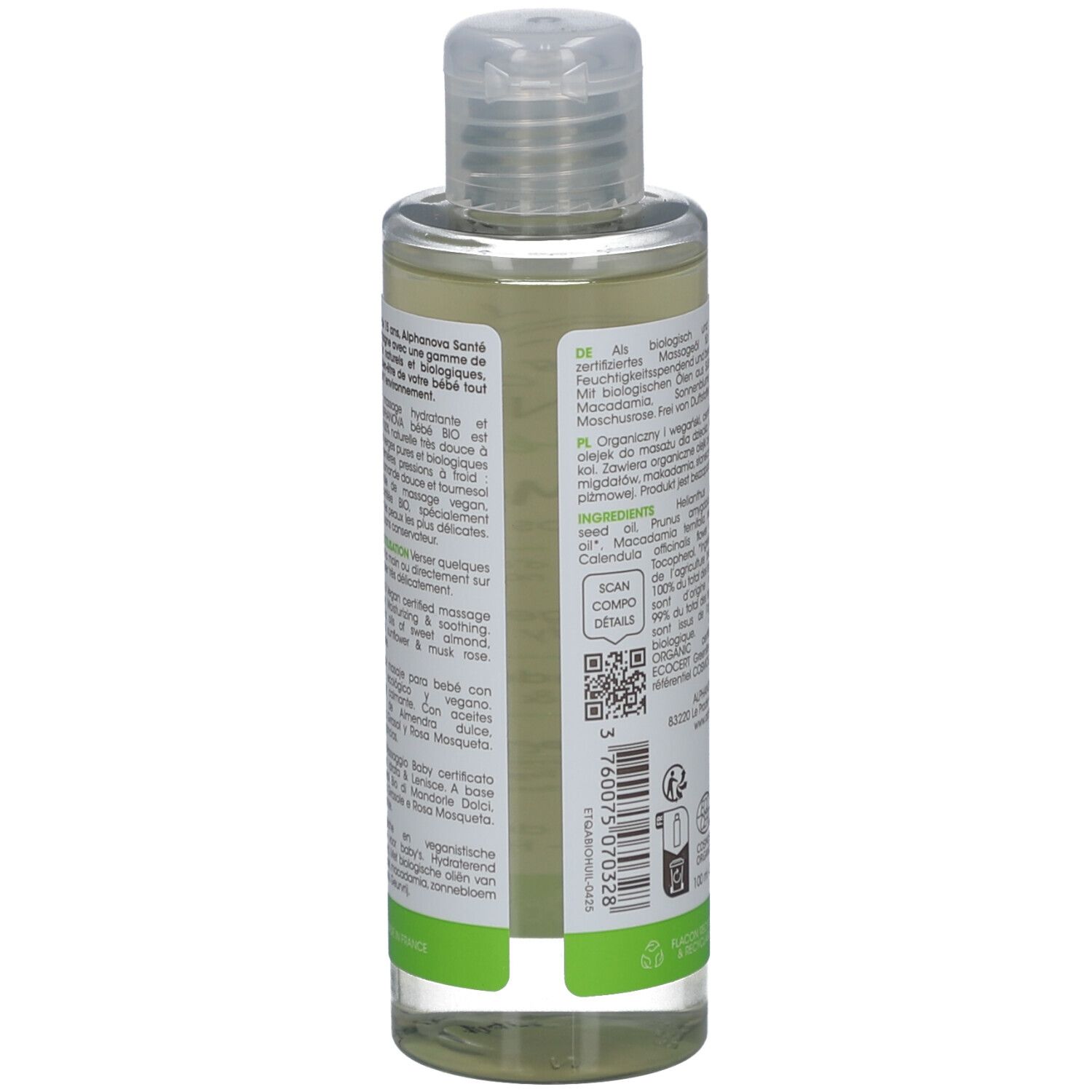Rückansicht der Alphanova Baby Massageöl-Flasche. Etikett mit Inhaltsstoffen, QR-Code, Bio-Siegel und 100ml Volumenangabe.