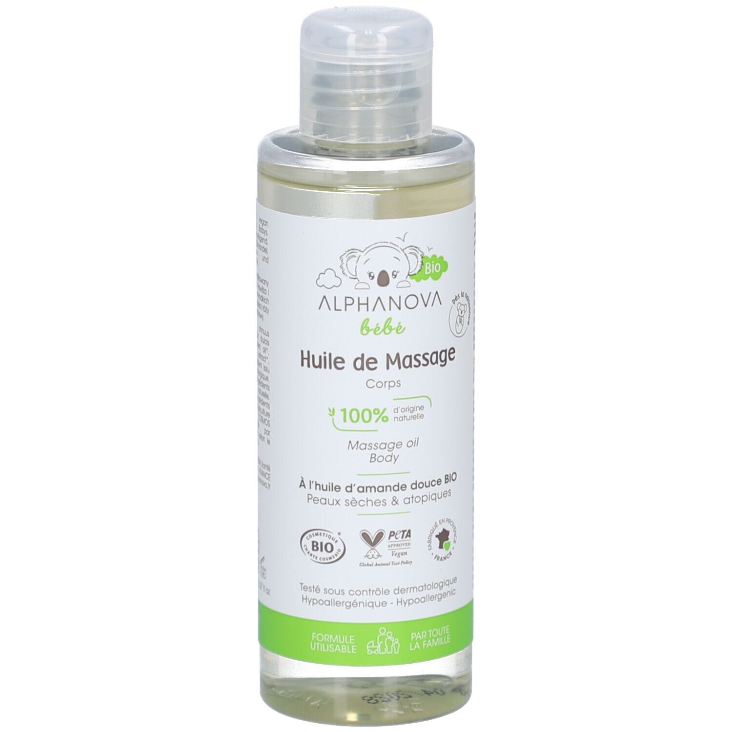 Alphanova Baby Massageöl-Flasche. Etikett mit Produktnamen, Koala-Illustration und Bio-Siegel. Transparente Flüssigkeit sichtbar.