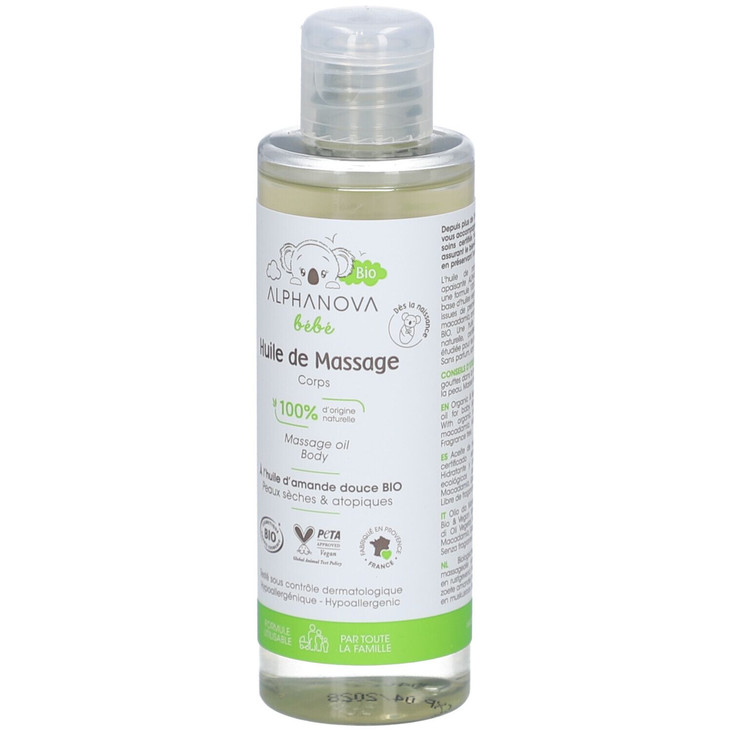 Rückansicht der Alphanova Baby Massageöl-Flasche. Etikett mit Inhaltsstoffen, QR-Code, Bio-Siegel und Herstellerinformationen.