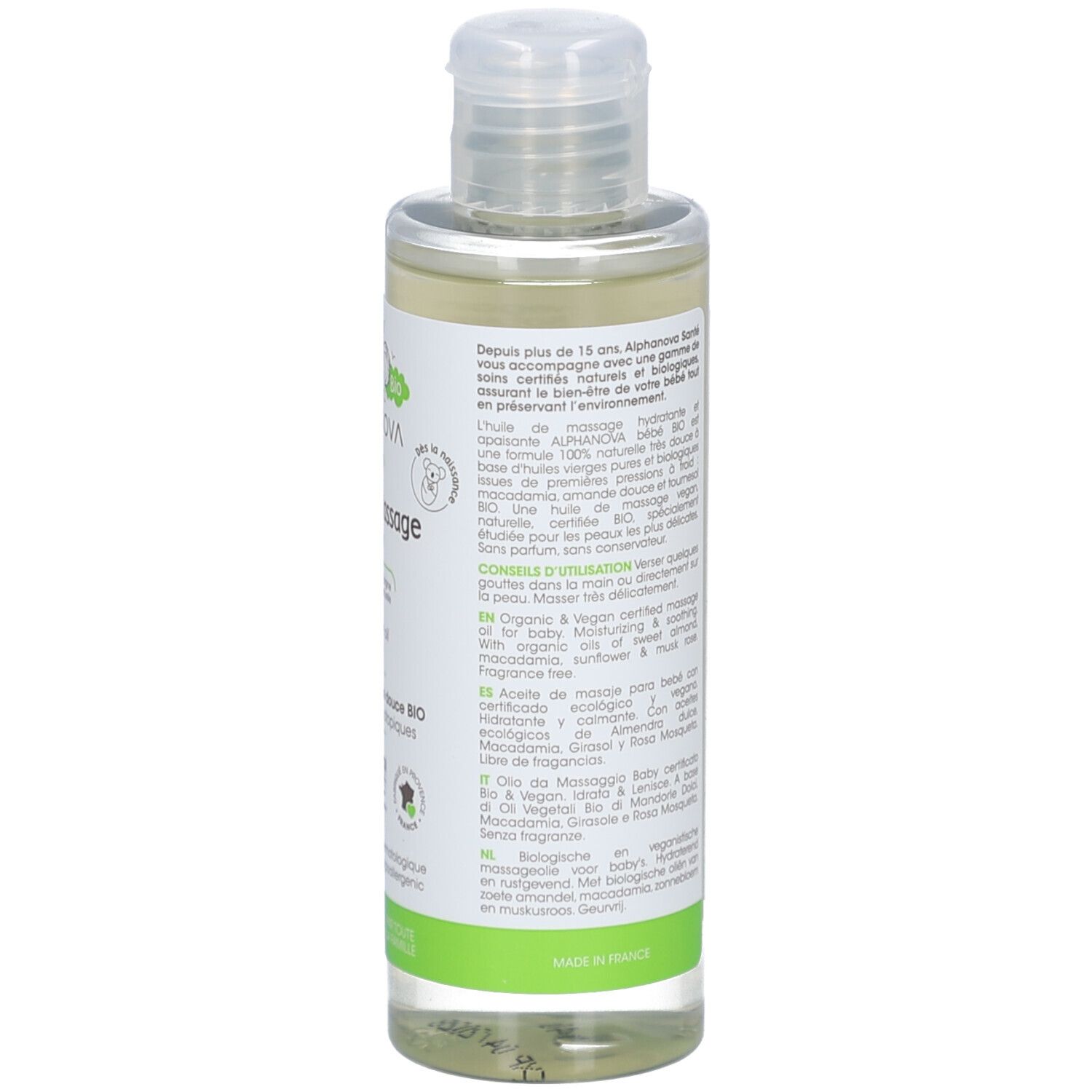Alphanova Baby Massageöl-Flasche. Etikett mit Produktnamen, Koala-Illustration und Bio-Siegel. Transparente Flüssigkeit sichtbar.