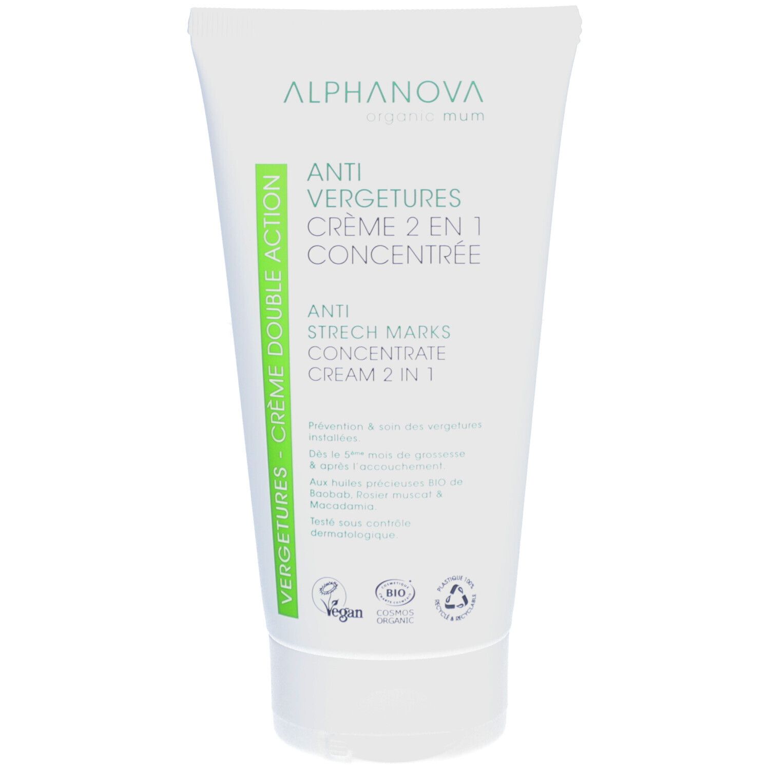 Tube blanc avec accents verts. Texte : ANTI VERGETURES CRÈME 2 EN 1 CONCENTRÉE. Labels Vegan et Bio.