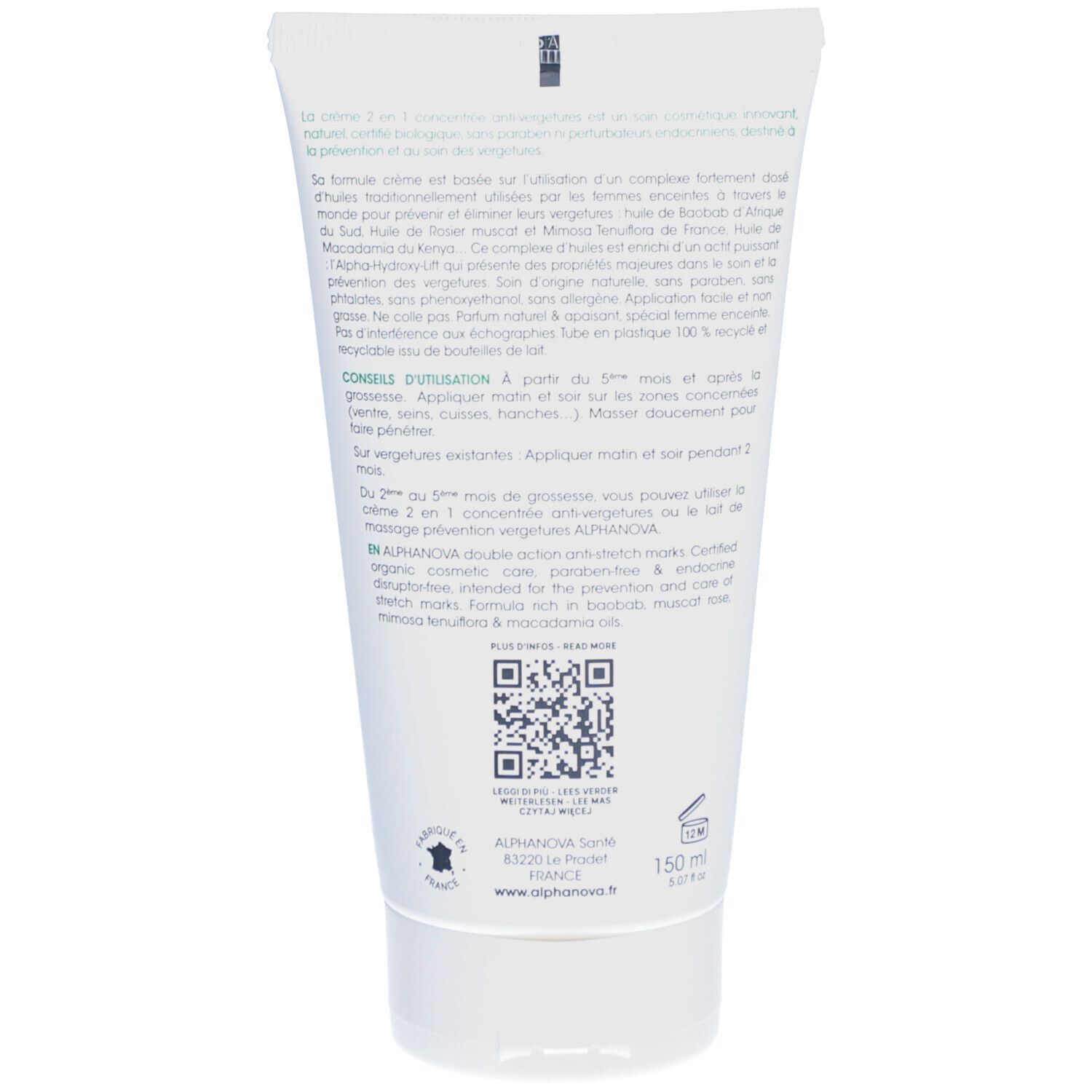 Dos du tube. Texte : Conseils d'utilisation, ingrédients. Labels Bio et Vegan. Code QR et 150ml.