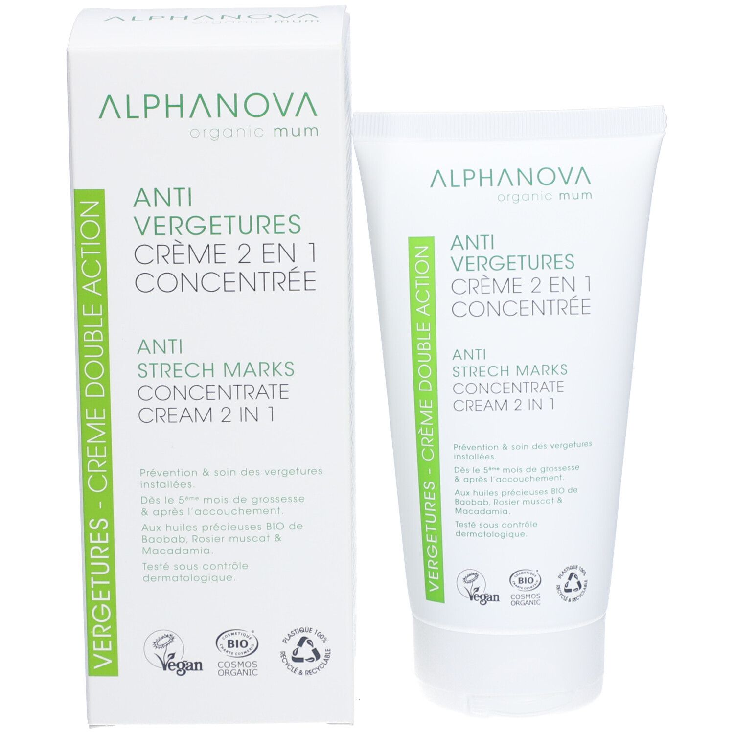 Emballage du produit : tube et boîte. Texte : ANTI VERGETURES CRÈME 2 EN 1 CONCENTRÉE. Labels Bio et Vegan.