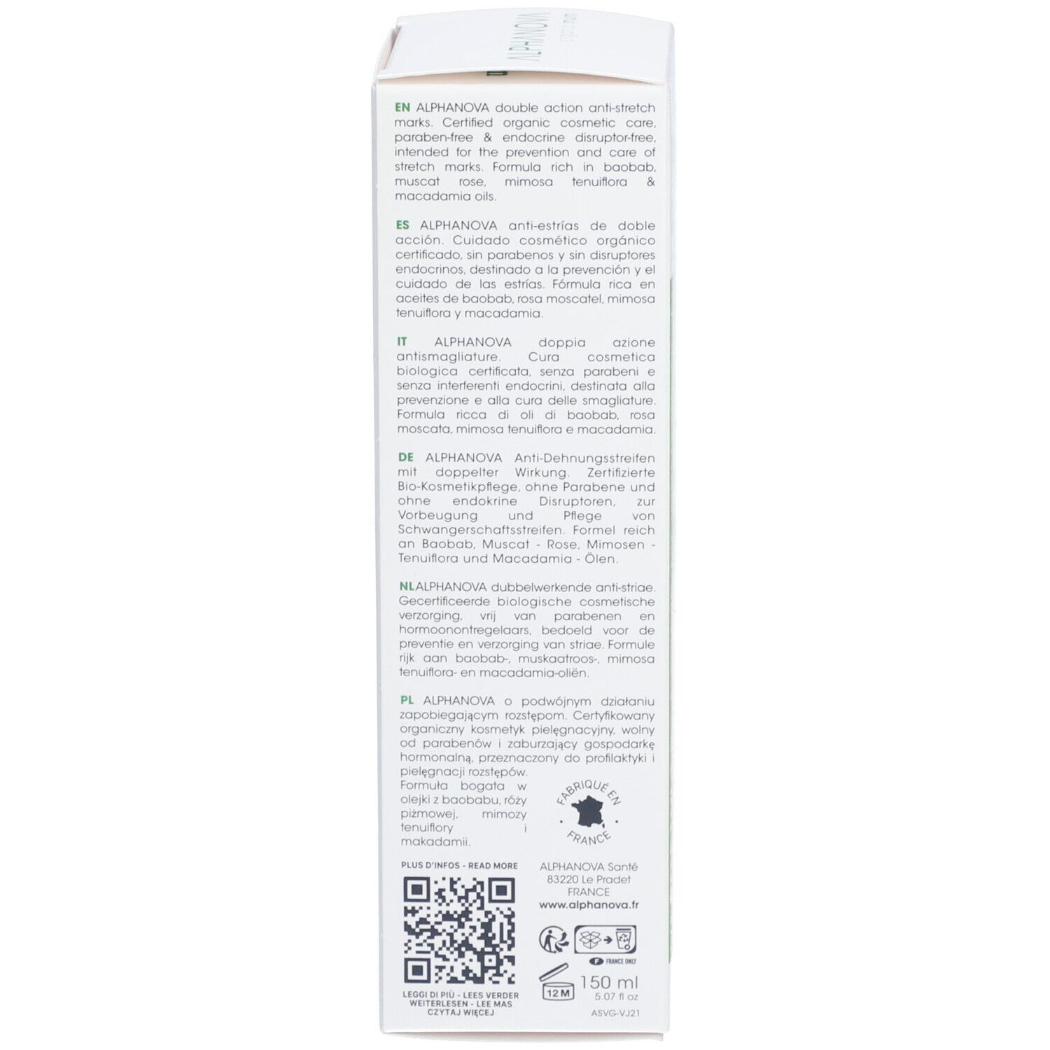 Dos de la boîte. Texte multilingue. Certification Bio. Code QR et 150ml.