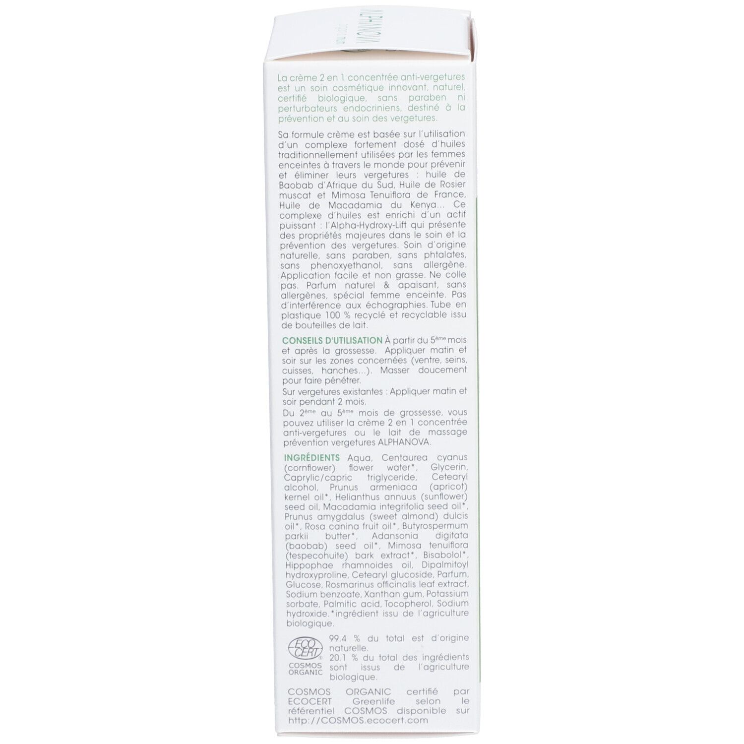 Dos de la boîte. Texte : Ingrédients, conseils d'utilisation. Certification Bio. Code QR et 150ml.