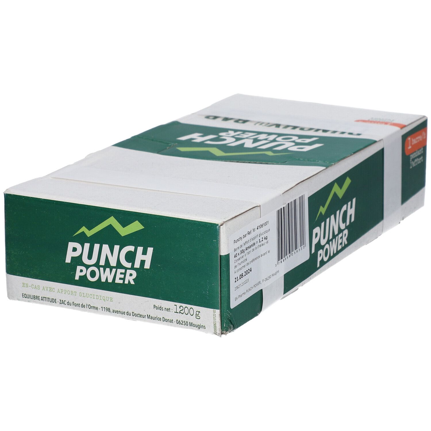 Boîte en carton "PUNCH POWER". Couleurs vert et blanc. Poids: 1200g. Texte: "Barre avec apport glucidique".