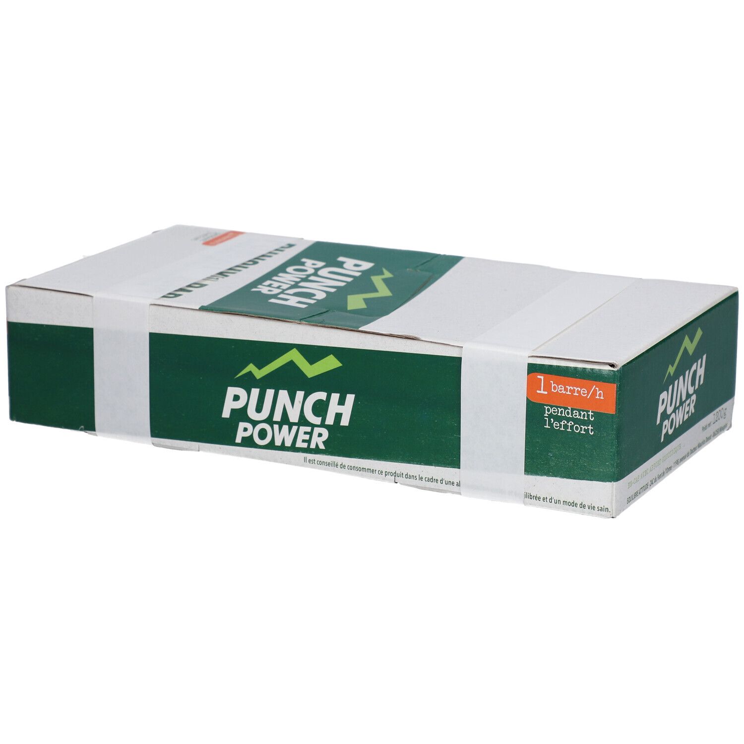 Boîte en carton "PUNCH POWER". Couleurs vert et blanc. Texte: "1 barre/h pendant l'effort".
