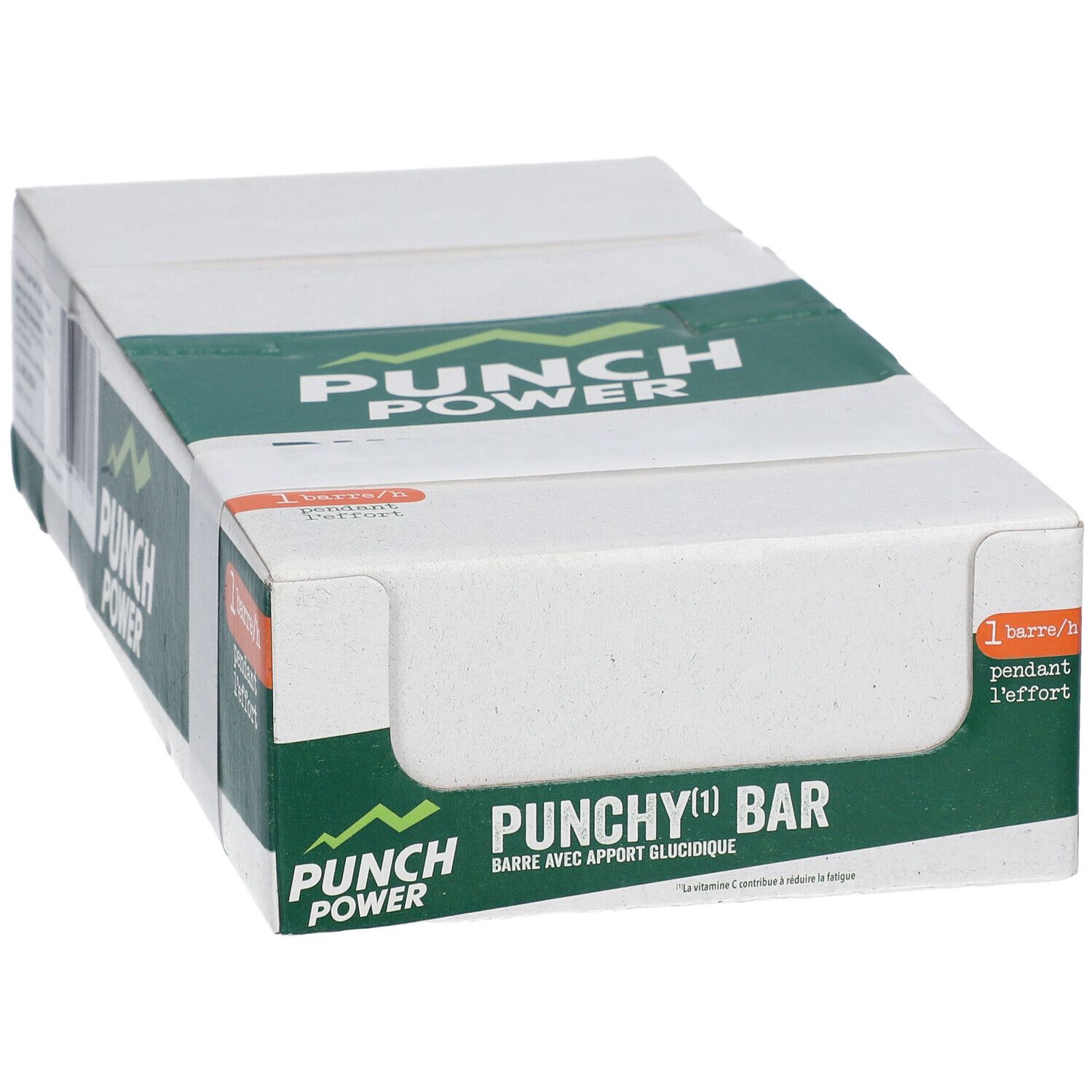 Boîte en carton "PUNCH POWER" et "PUNCHY(1) BAR". Couleurs vert et blanc. Texte: "1 barre/h pendant l'effort".