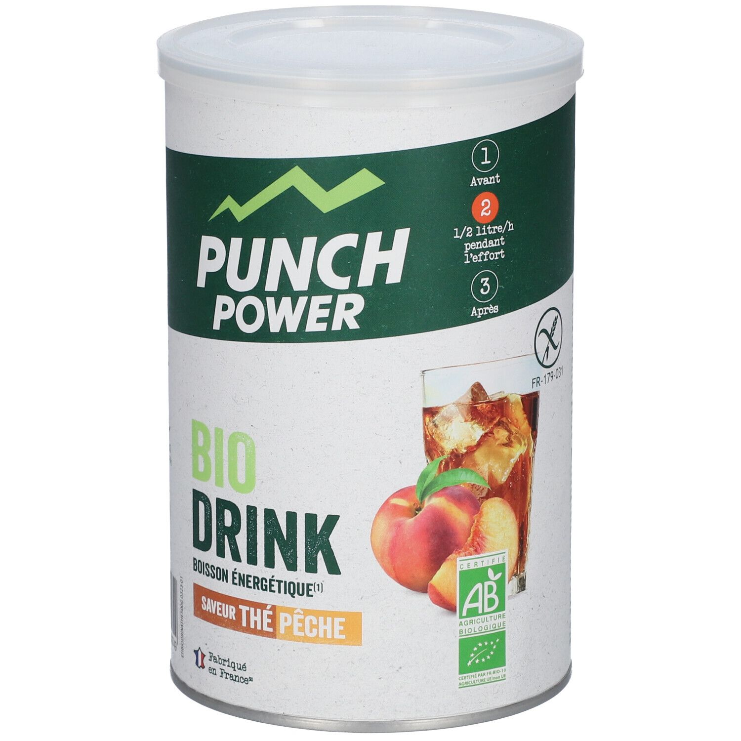 Boîte cylindrique avec couvercle. Inscription: PUNCH POWER BIO DRINK, saveur thé pêche. Illustration: Pêches et boisson.