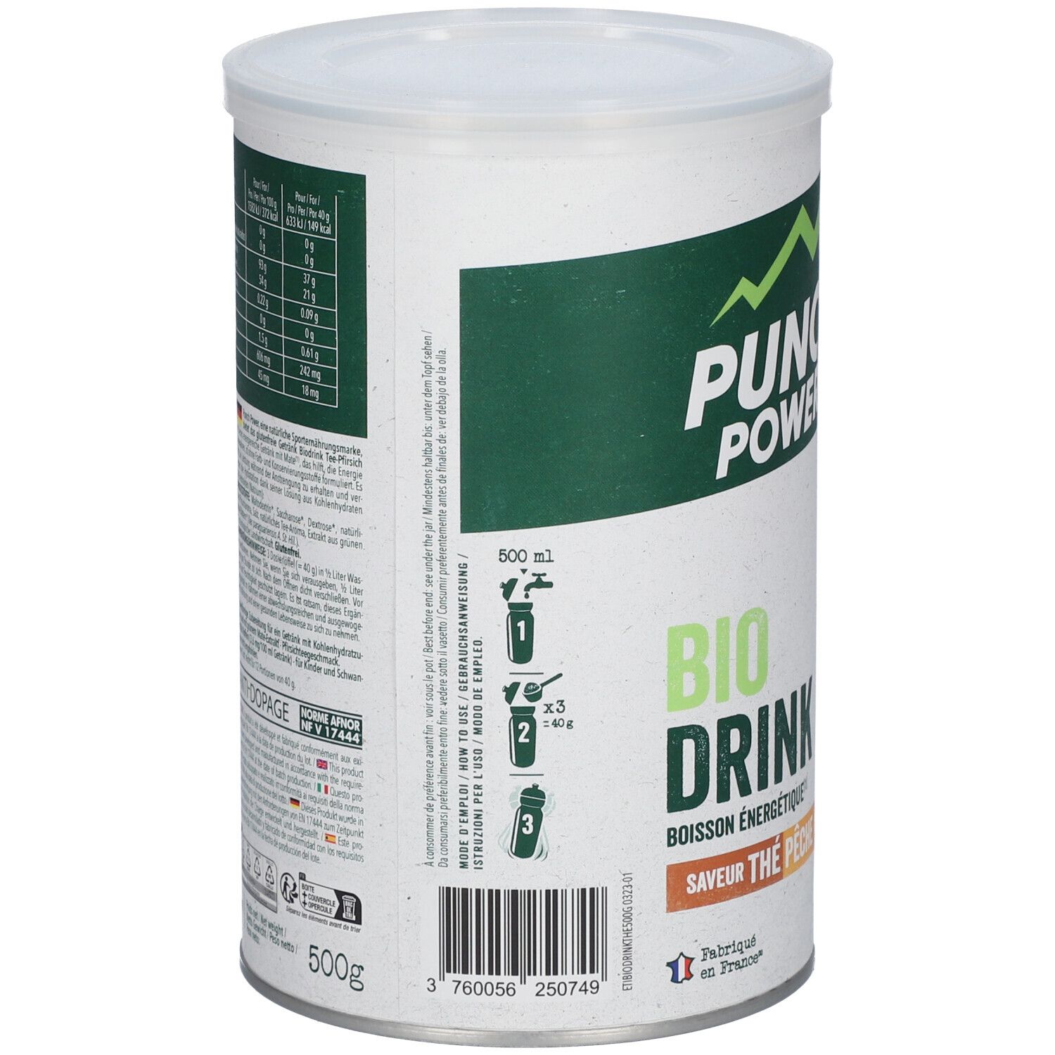 Boîte avec couvercle. Dos avec informations nutritionnelles et instructions. Inscription: BIO DRINK, 500g.