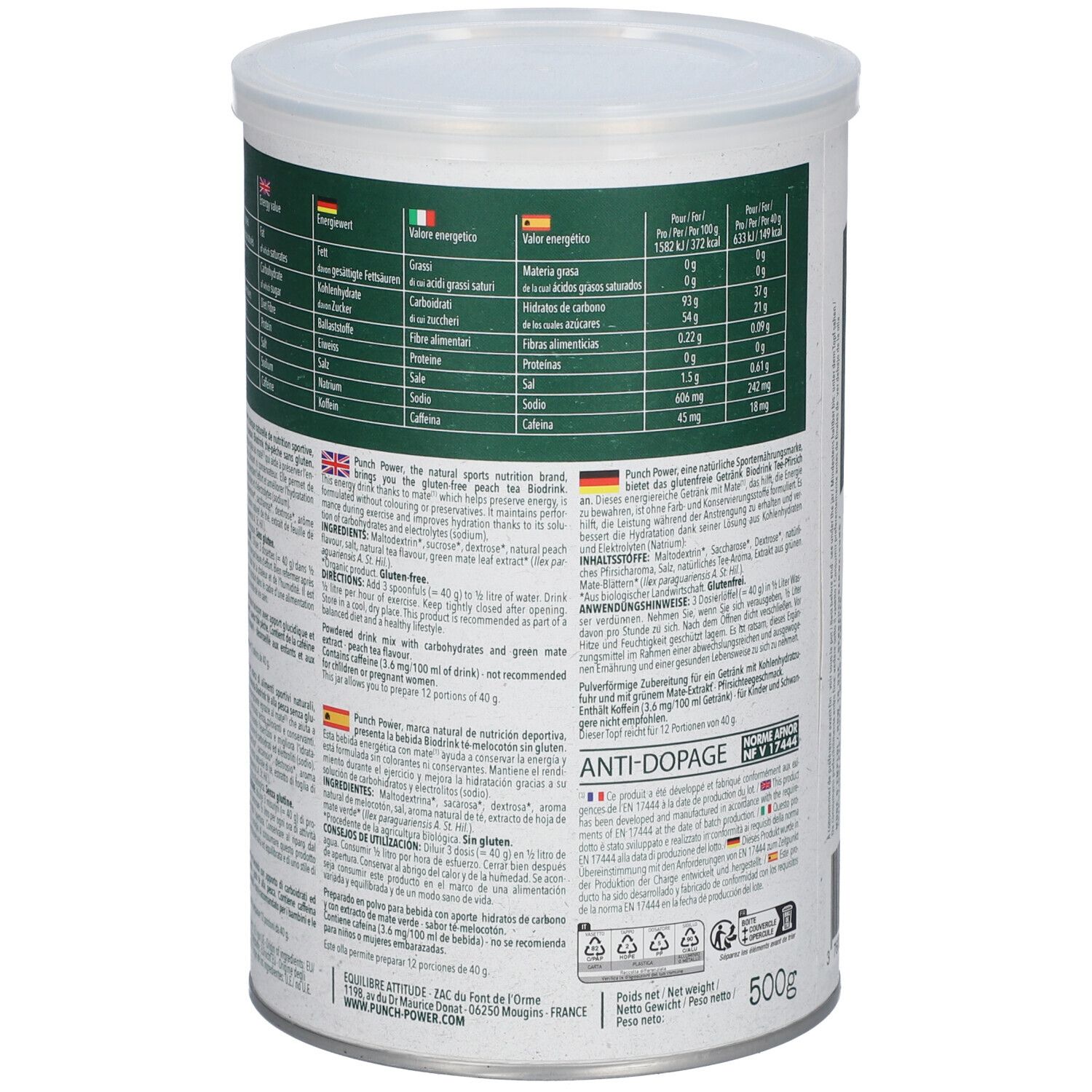 Boîte avec couvercle. Dos avec informations nutritionnelles et textes multilingues. Inscription: BIO DRINK, 500g.