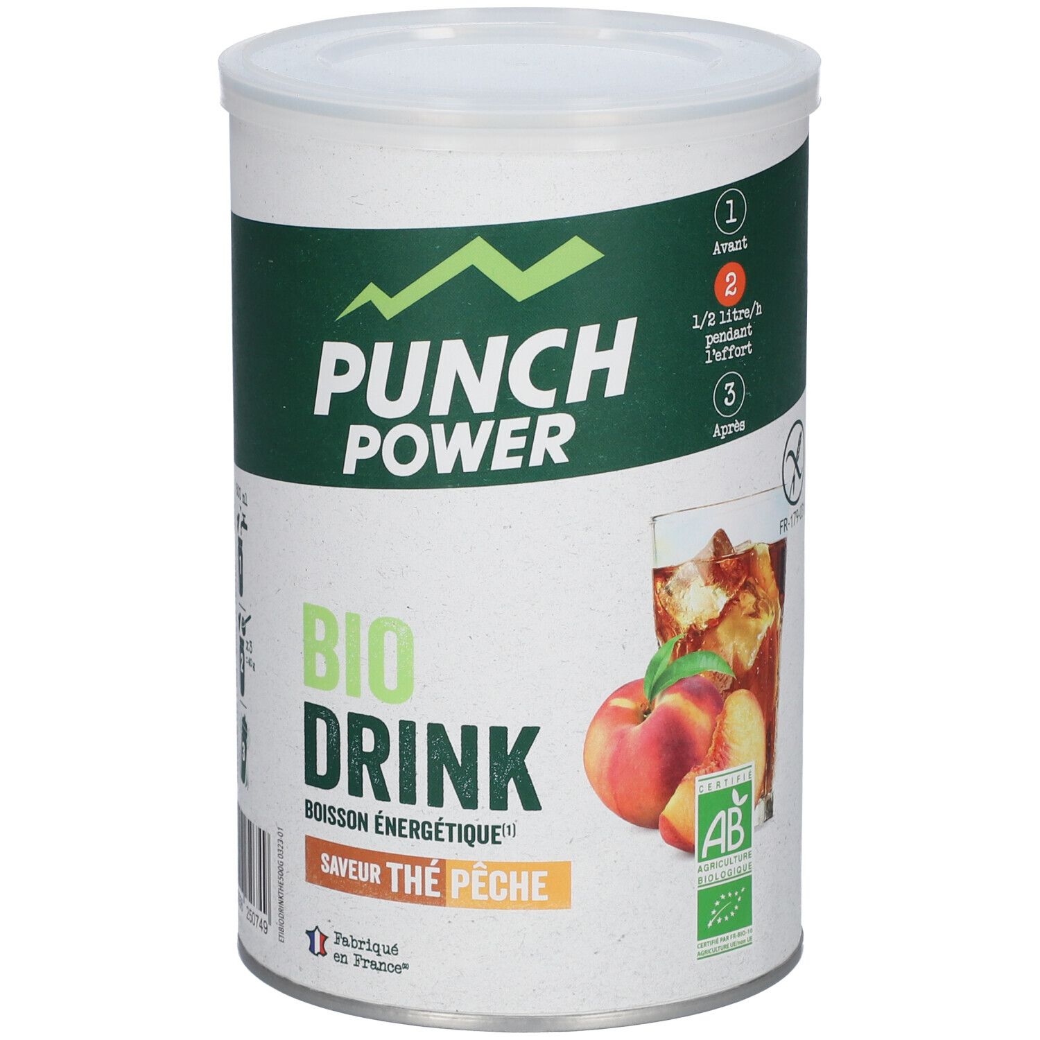 Boîte cylindrique avec couvercle. Inscription: PUNCH POWER BIO DRINK, saveur thé pêche. Illustration: Pêches et boisson.