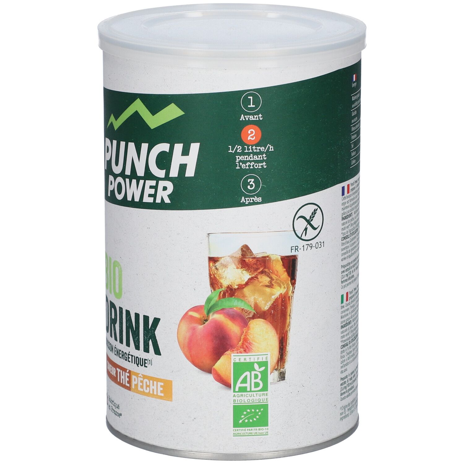 Boîte cylindrique avec couvercle. Inscription: PUNCH POWER BIO DRINK, saveur thé pêche. Illustration: Pêches et boisson.