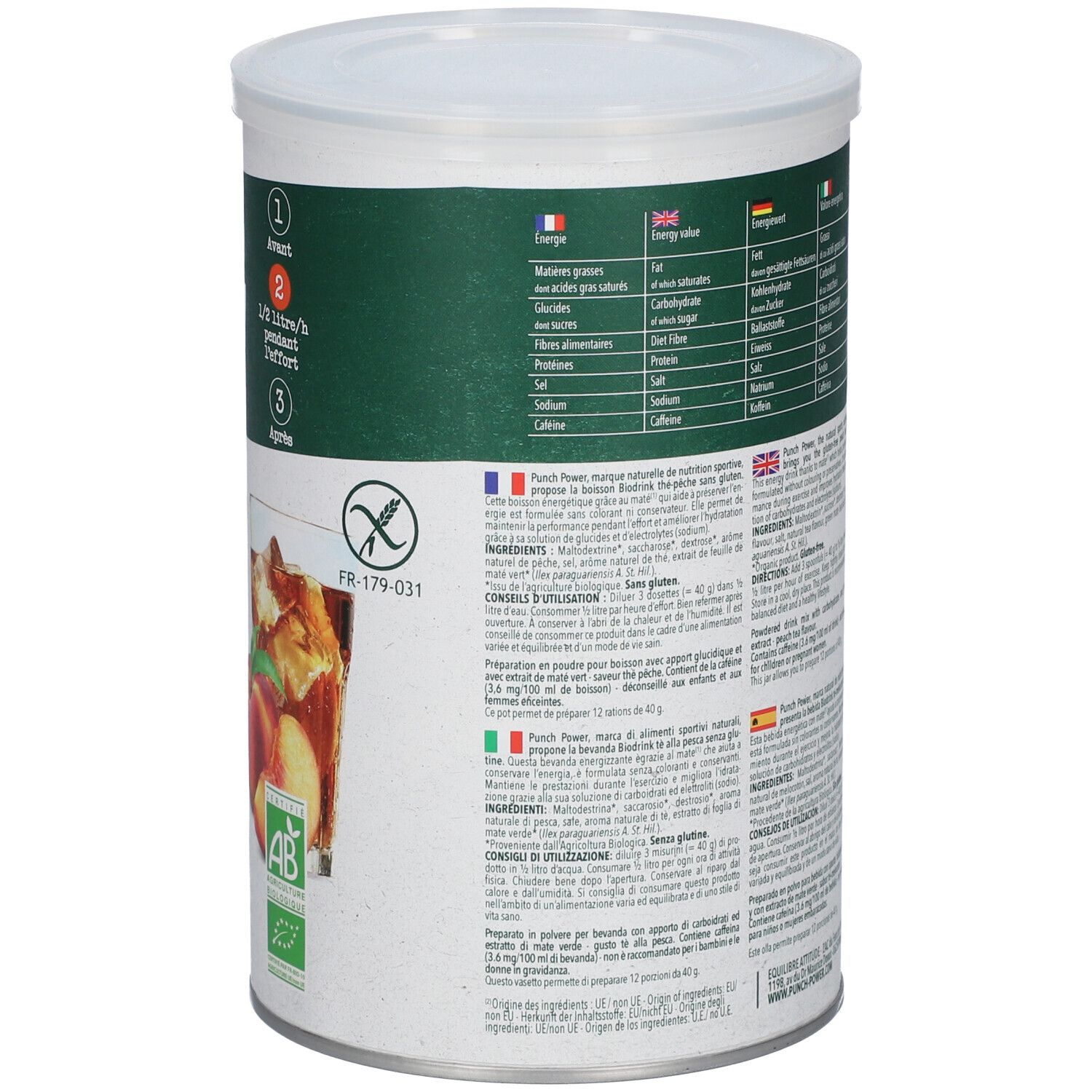 Boîte avec couvercle. Dos avec informations nutritionnelles et textes multilingues. Inscription: BIO DRINK, 500g.