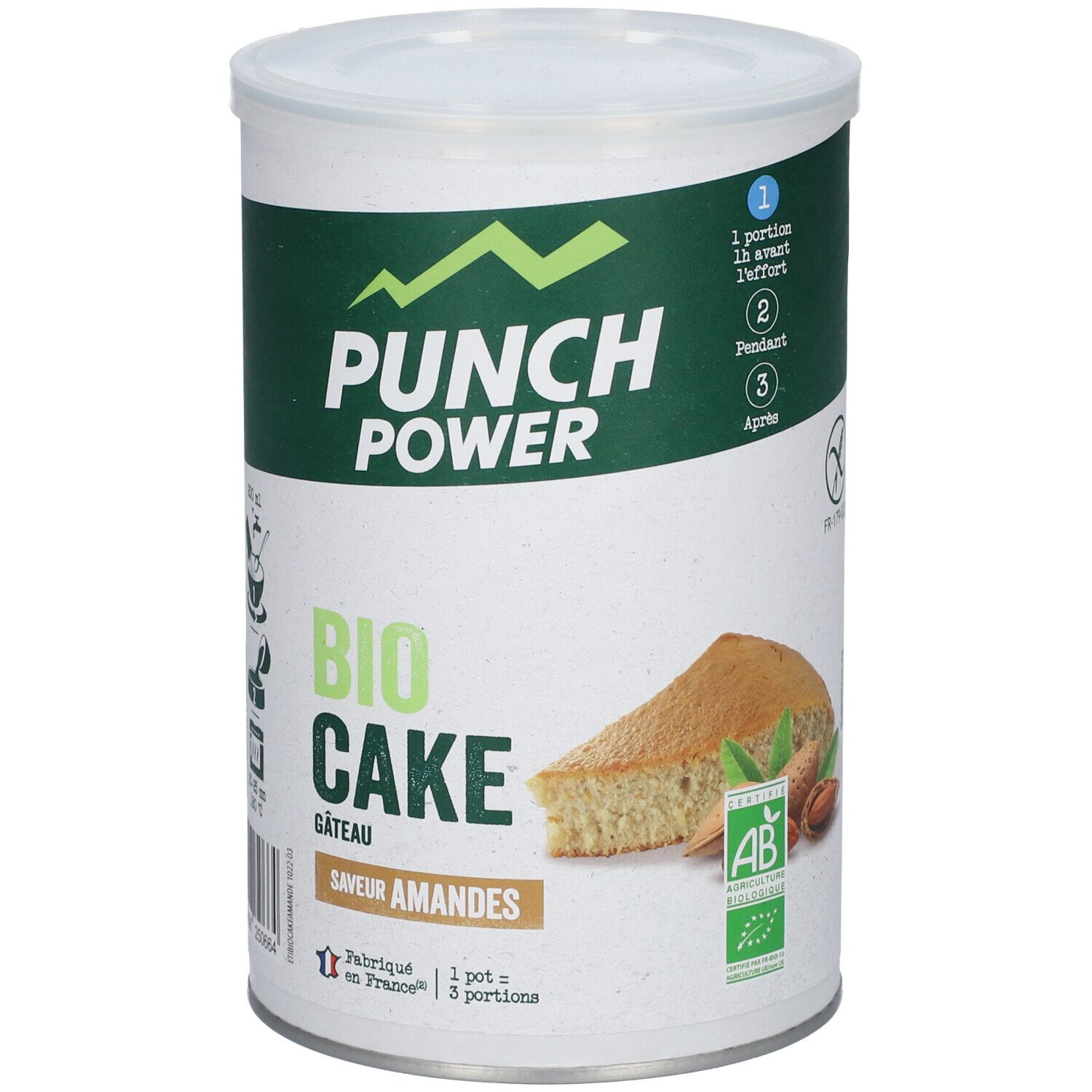 Boîte PUNCH POWER Bio Cake, saveur amandes. Design vert et blanc. Image d'un gâteau. Label AB Bio.