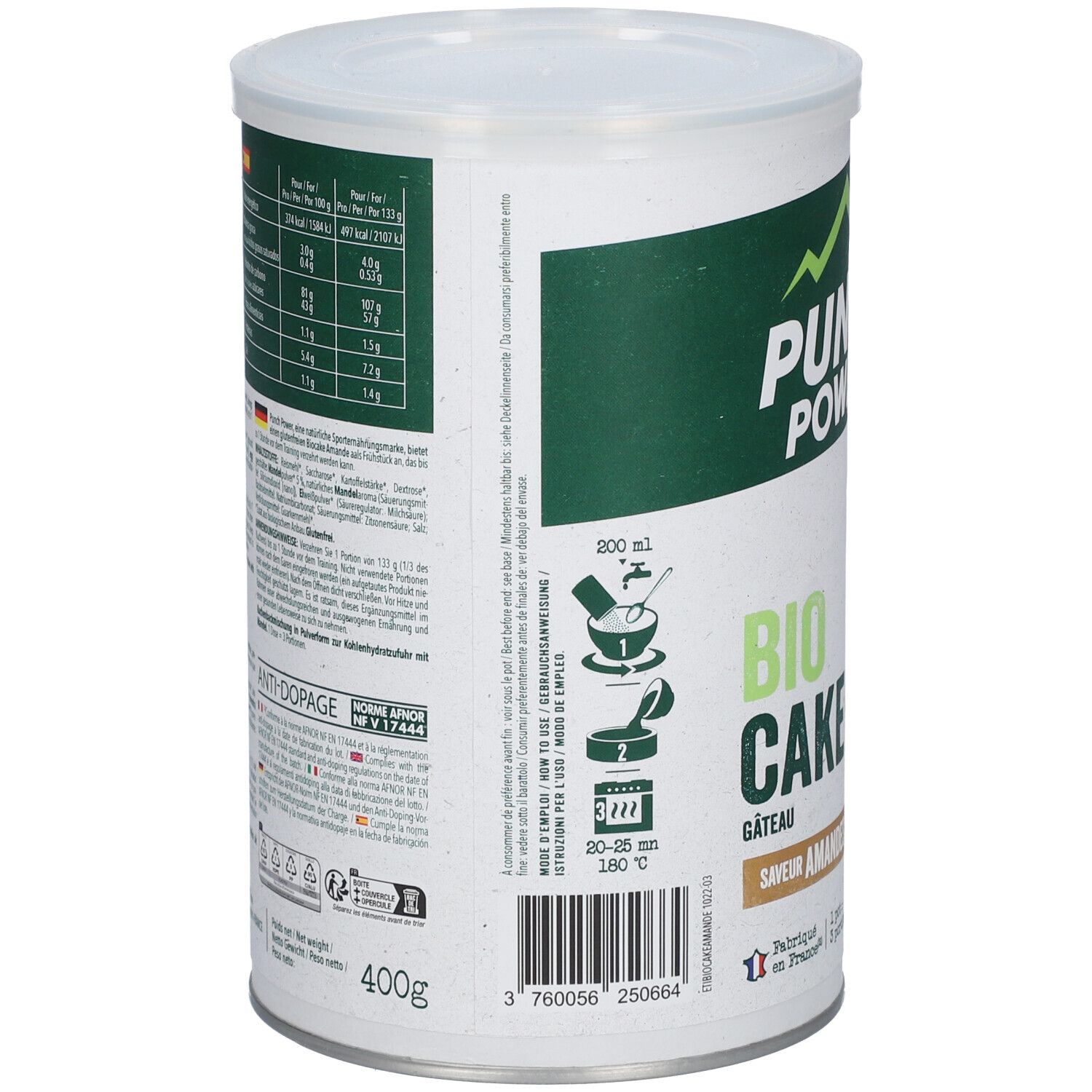 Boîte PUNCH POWER Bio Cake. Dos avec informations nutritionnelles, instructions de préparation et poids de 400g. 200 ml.
