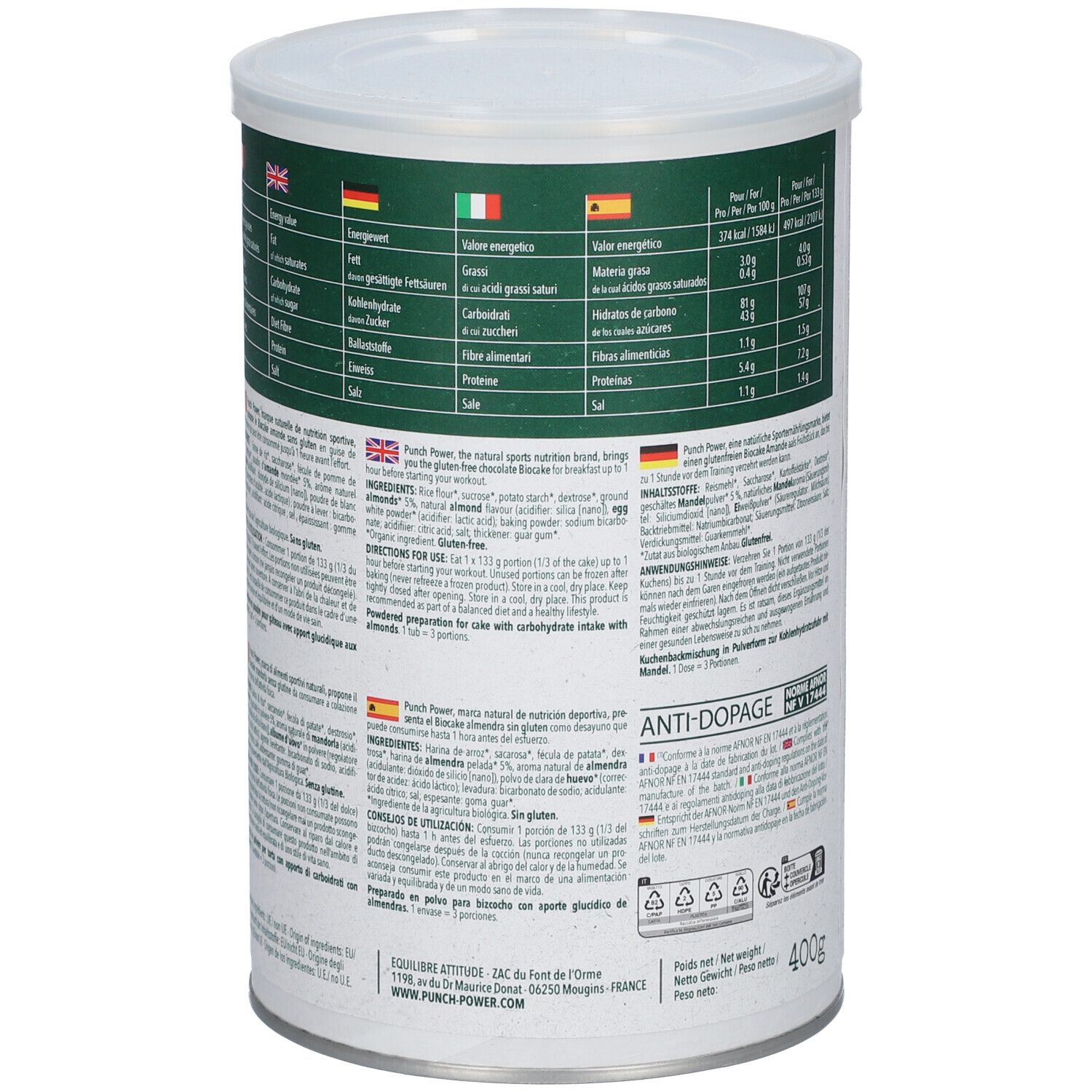 Boîte PUNCH POWER Bio Cake. Dos avec informations nutritionnelles, ingrédients, mode d'emploi et logo anti-dopage. 400g.