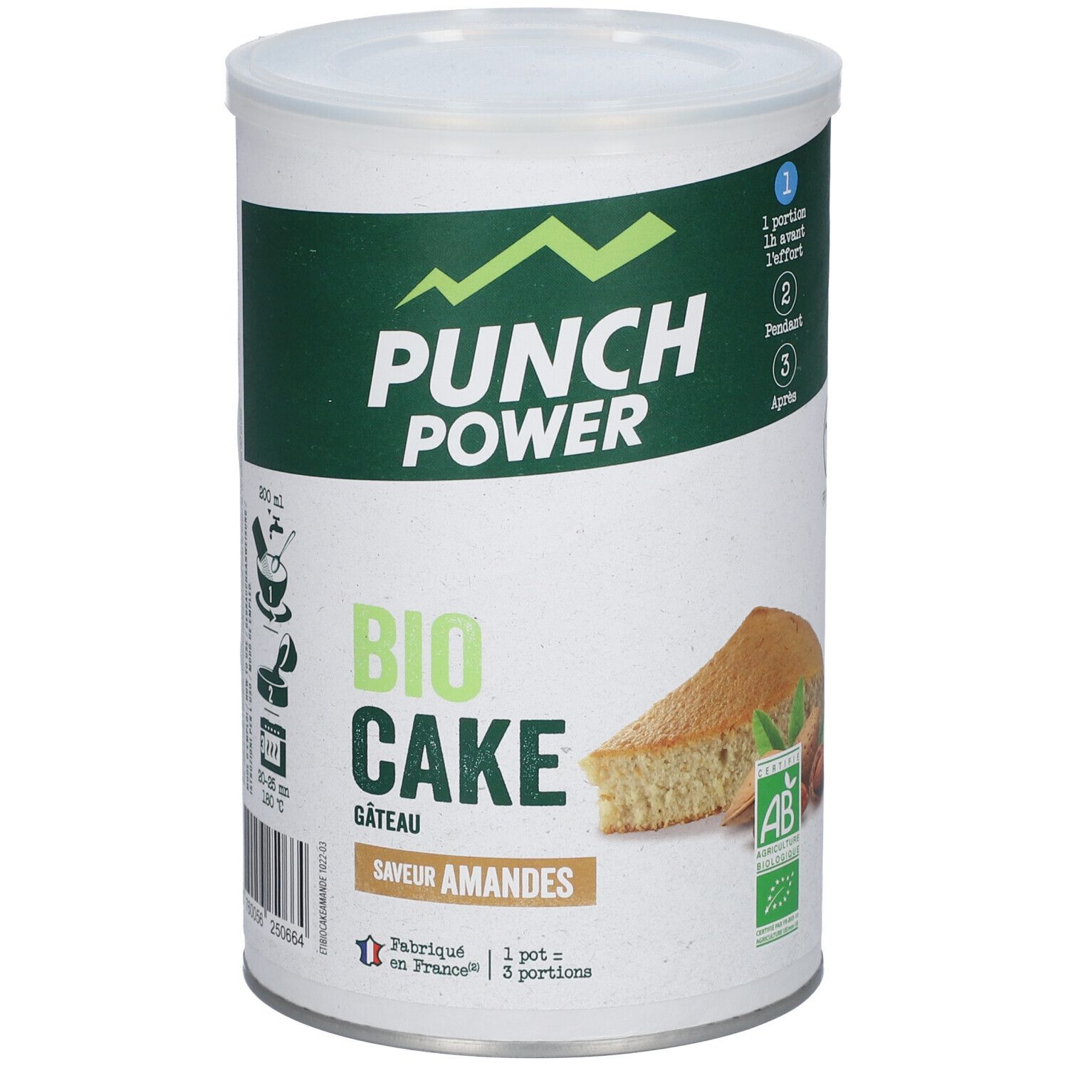 Boîte PUNCH POWER Bio Cake, saveur amandes. Design vert et blanc. Image d'un gâteau. Label AB Bio.