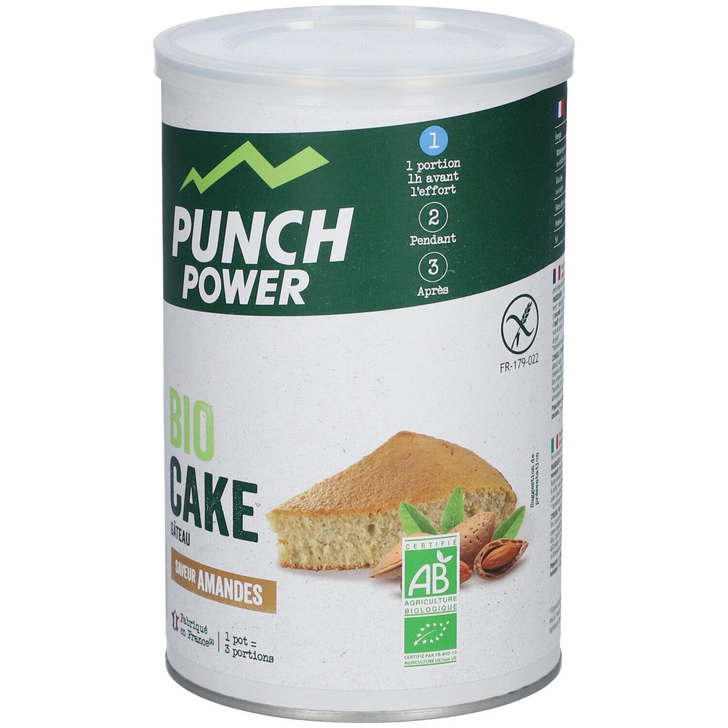 Boîte PUNCH POWER Bio Cake, saveur amandes. Design vert et blanc. Image d'un gâteau. Label AB Bio, sans gluten.