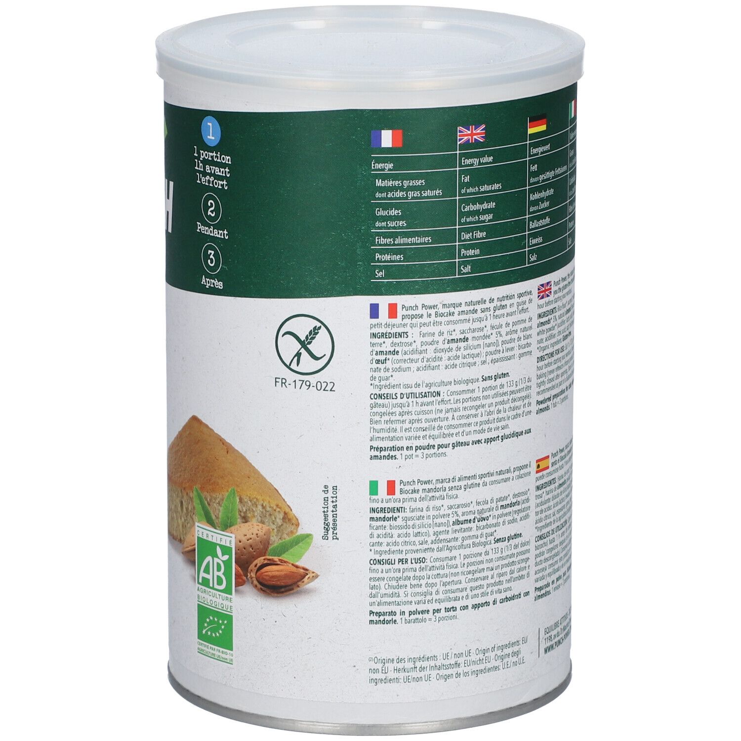 Boîte PUNCH POWER Bio Cake. Dos avec informations nutritionnelles, ingrédients, mode d'emploi et logo sans gluten.