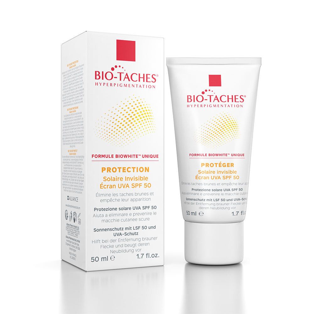 Tube et boîte BIO-TACHES® SOLAIRE INVISIBLE SPF 50. Inscription et informations produit. Fond blanc.