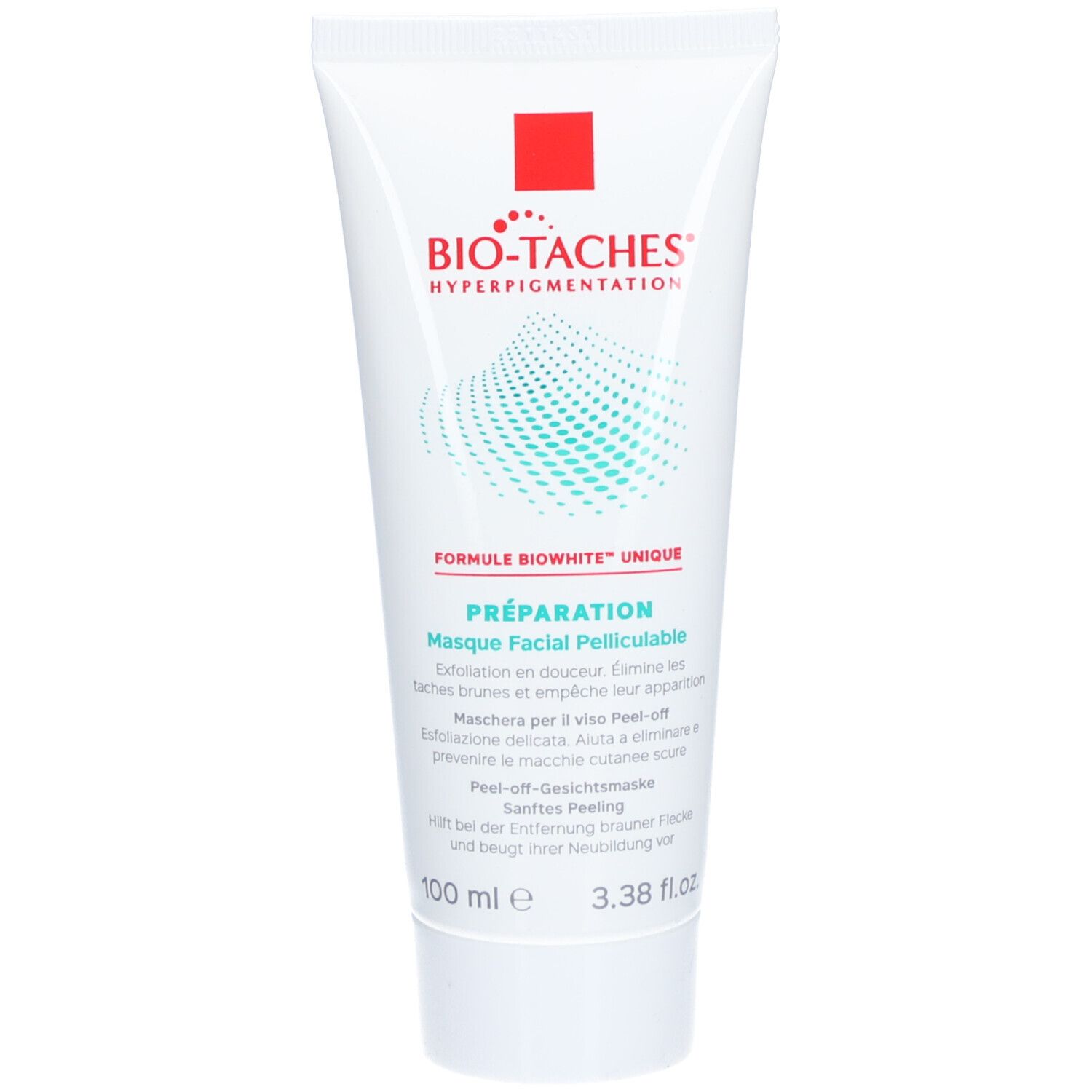 Tube blanc avec bouchon rouge. Inscription: BIO-TACHES HYPERPIGMENTATION. Texte: Masque Facial Pelliculable. 100 ml.
