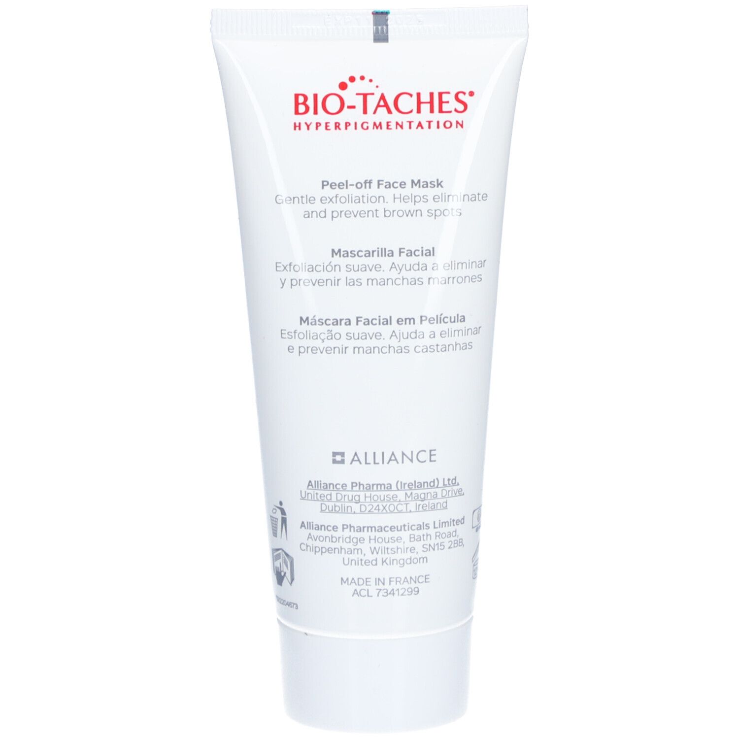 Dos d'un tube blanc. Texte: Peel-off Face Mask. Alliance Pharma (Ireland) Ltd. Fabriqué au Royaume-Uni.